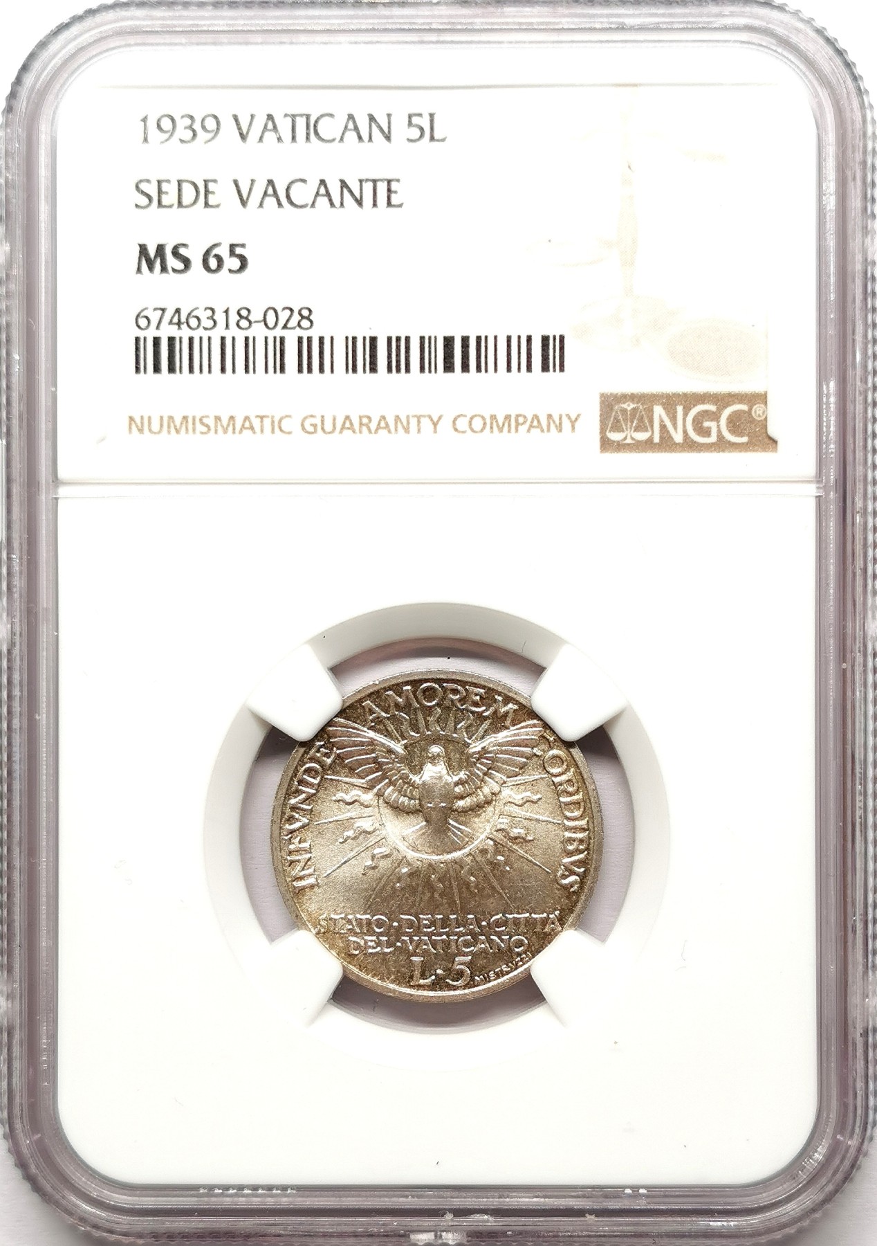凡希社世界钱币微拍第二百六十一期（龙年开运场） 1939梵蒂冈5里拉银币NGC-MS65