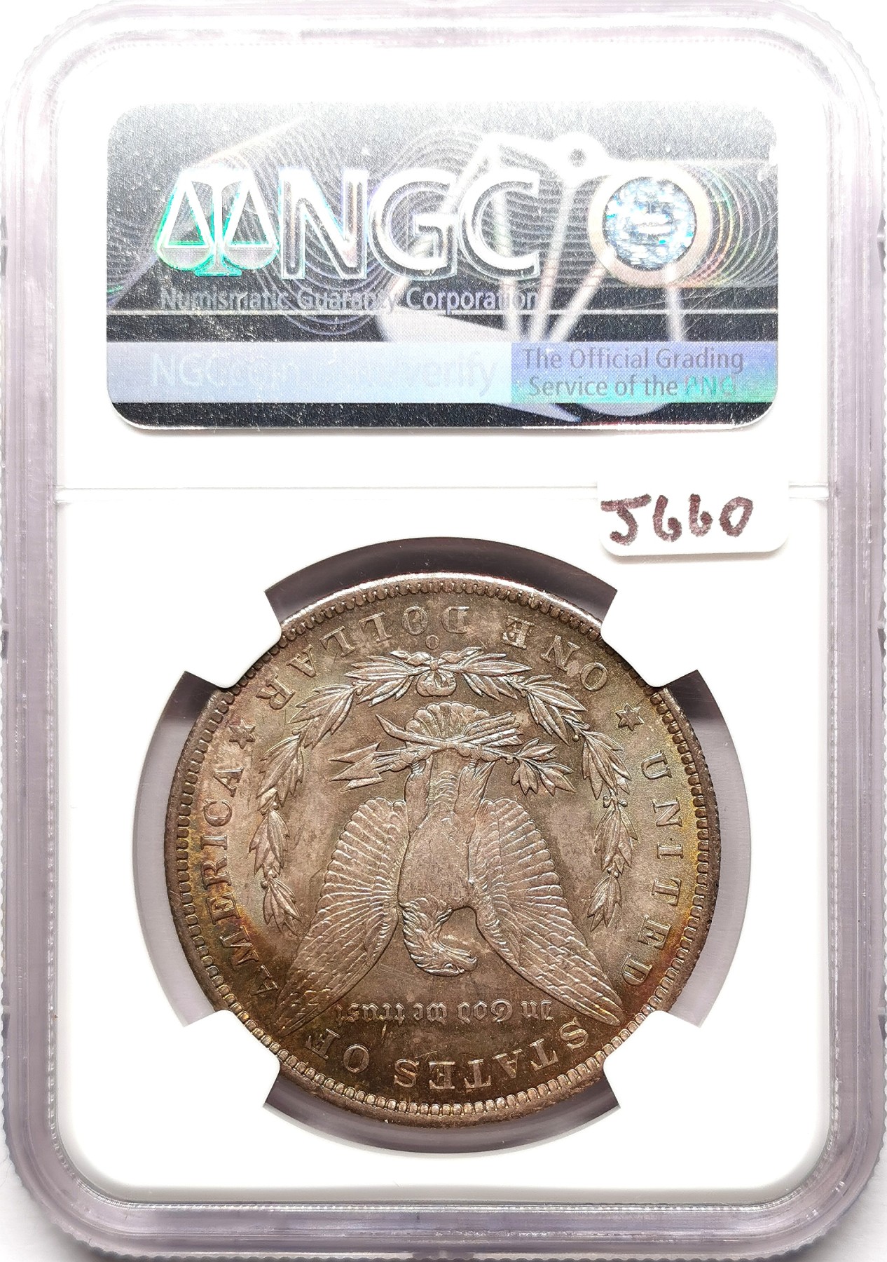 凡希社世界钱币微拍第二百六十一期（龙年开运场） 1885O美国摩根壹元NGC-MS65金绿五彩，实物极赞！