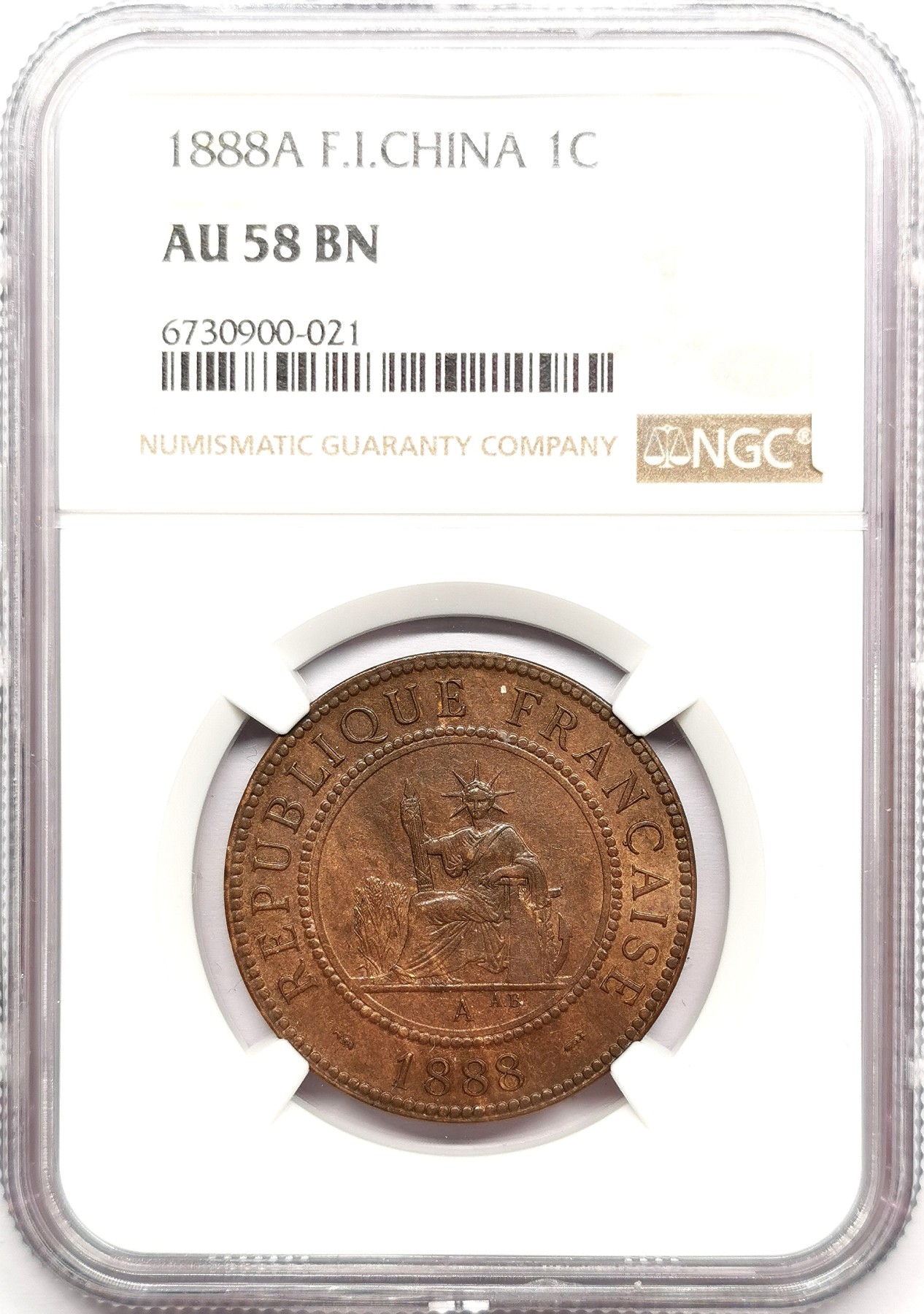 凡希社世界钱币微拍第二百六十一期（龙年开运场） 1888A法属印度支那百分之一皮亚斯特铜币NGC-AU58