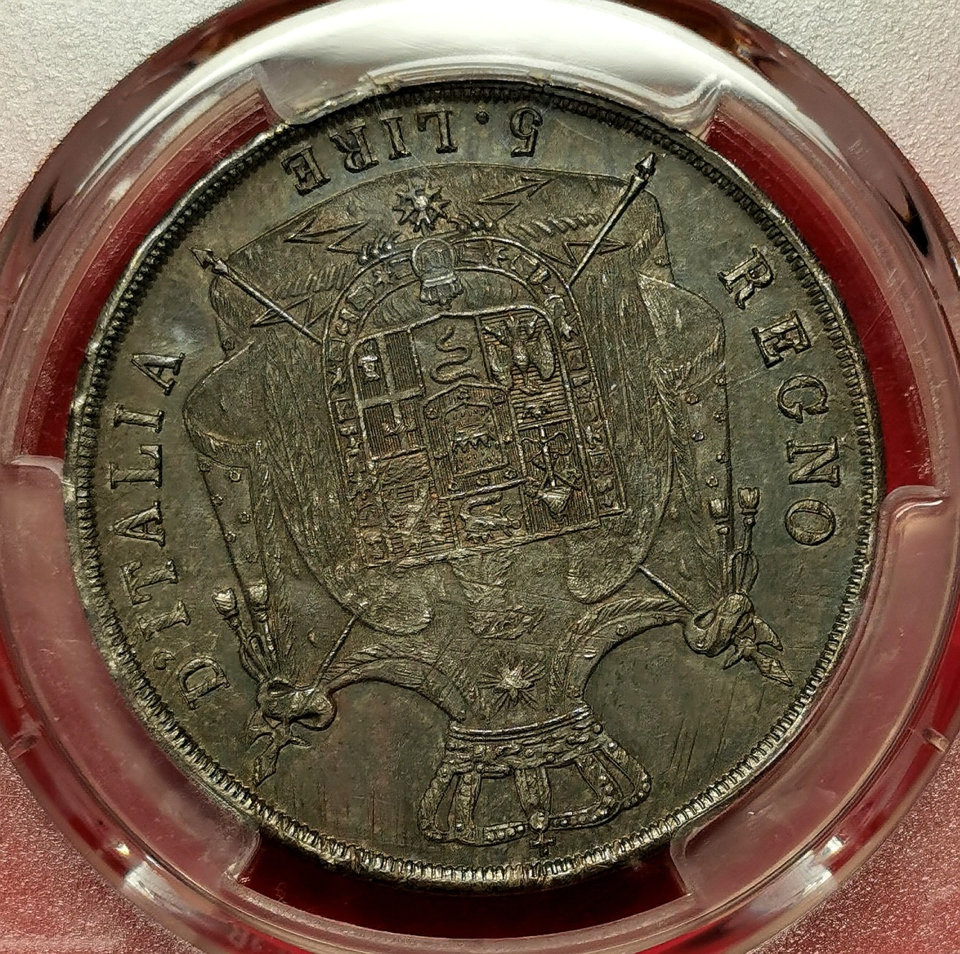 凡希社世界钱币微拍第二百六十一期（龙年开运场） 稀！1812M意大利王国拿破仑5里拉大银PCGS-MS62 盾徽长矛粗尖版，深色欧陆五彩，真正的传世品质，P唯一最高分！