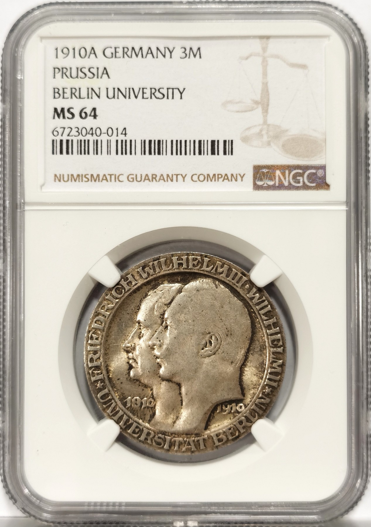 博洋堂世界钱币拍卖第066期（全场包邮） 1910年德国普鲁士王国柏林大学建成一百周年3马克银币NGC-MS64，原汁原味老包浆，包浆醇厚，非常漂亮。获得更高的评分数量才区区45枚