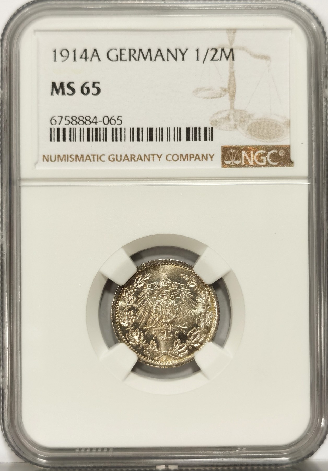 博洋堂世界钱币拍卖第066期（全场包邮） NGC MS65 德国第二帝国1914年A版1/2马克银币