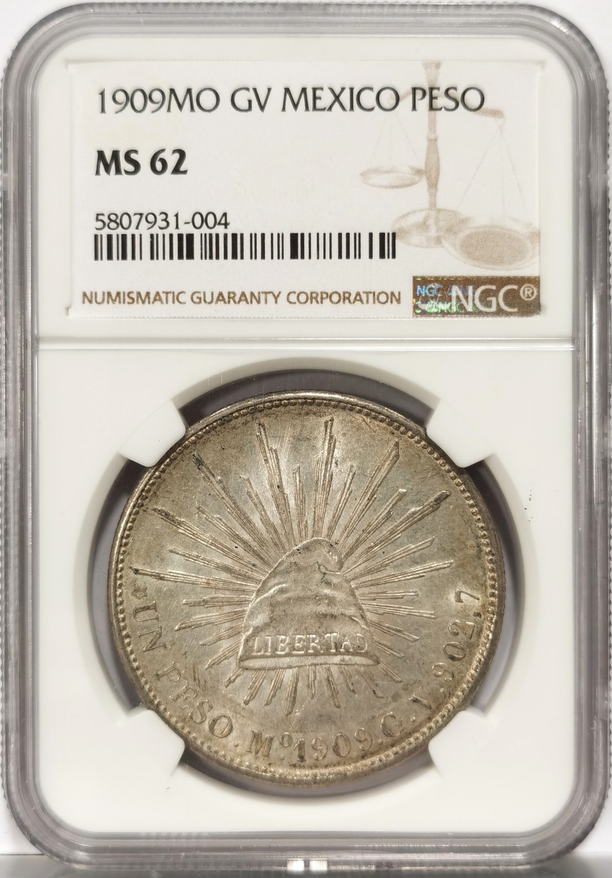 博洋堂世界钱币拍卖第066期（全场包邮） 1909年墨西哥MO GV直边鹰洋1比索银币NGC-MS62，直边鹰洋关门币。原汁原味老包浆，包浆醇厚，打制精美，状态极佳，获得更高的评分数目才154枚，经典潜力品种