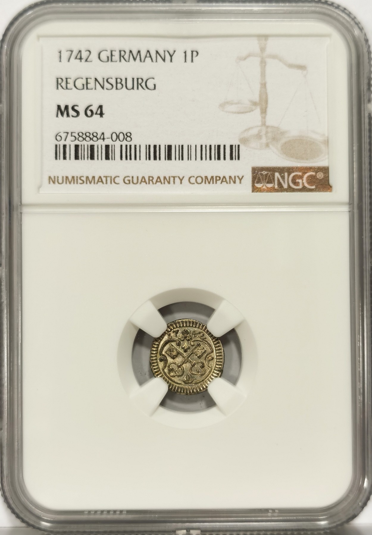 博洋堂世界钱币拍卖第066期（全场包邮） NGC MS64 德国雷根斯堡1742年1芬尼银币