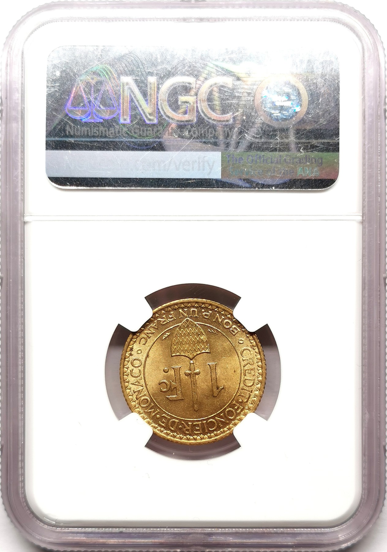 凡希社世界钱币微拍第二百六十一期（龙年开运场） 1926摩纳哥黄铜1法郎NGC-MS64