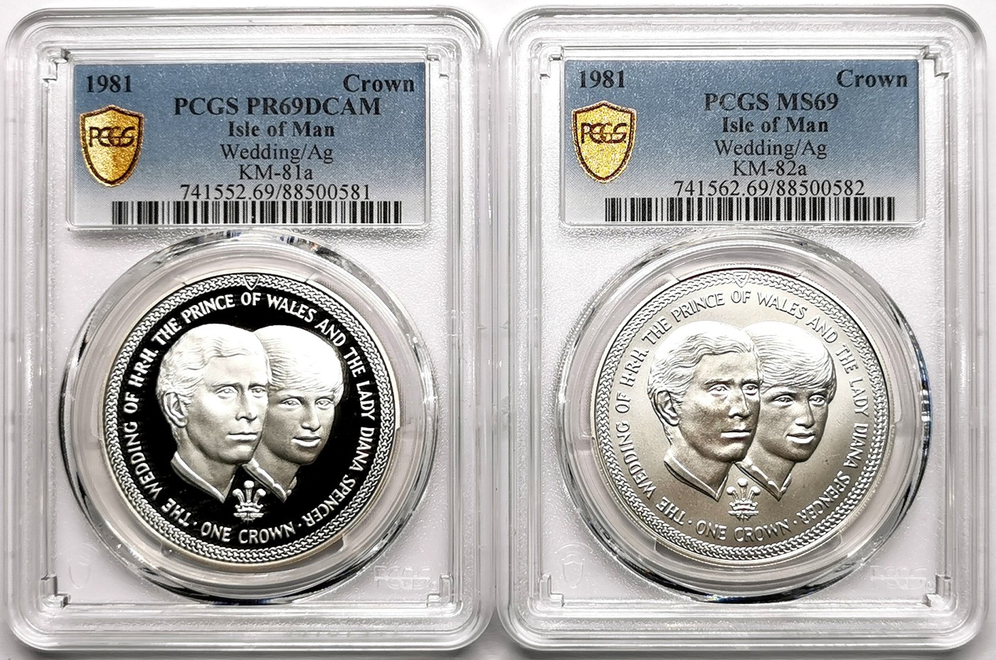 凡希社世界钱币微拍第二百六十一期（龙年开运场） 1981马恩岛查尔斯大婚纪念银币普制精制一对PCGS-69顶级品相！