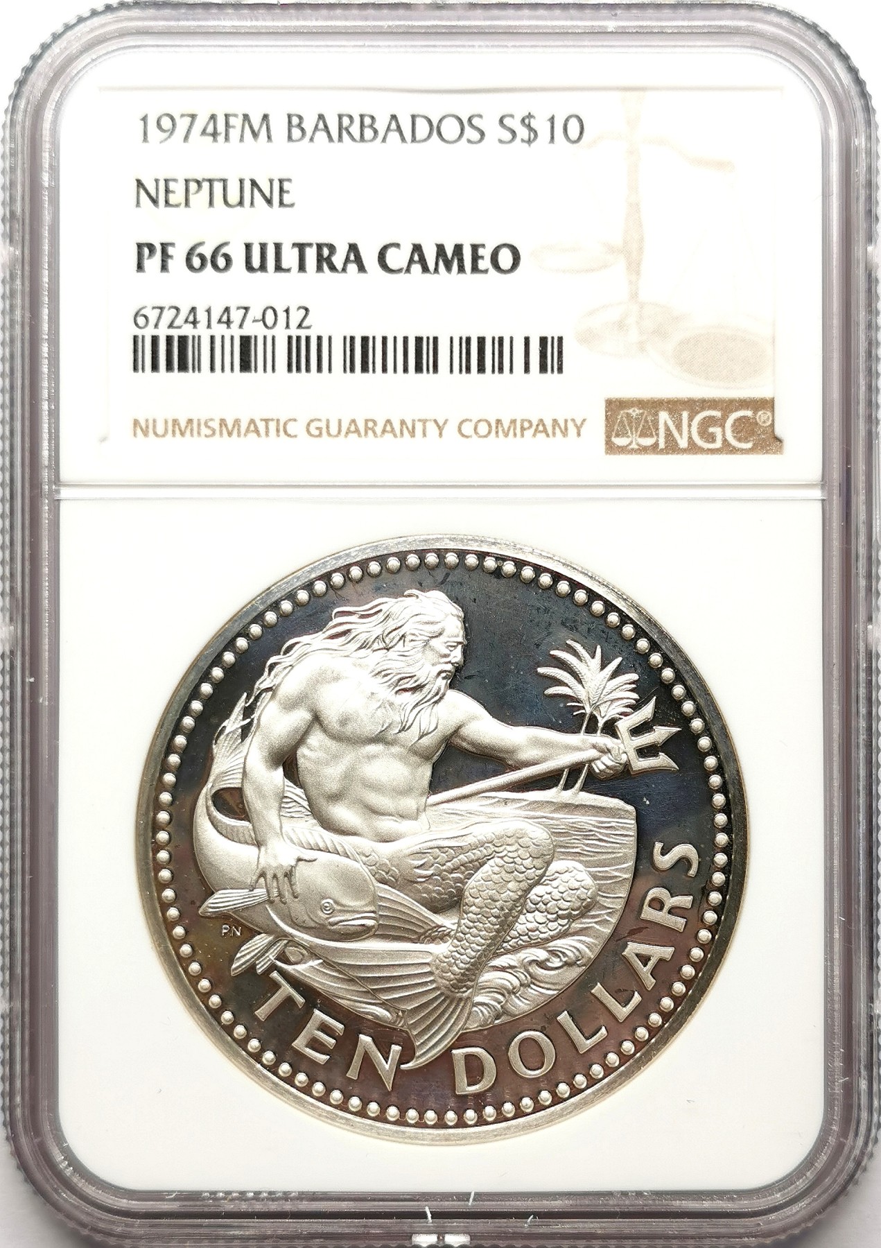 凡希社世界钱币微拍第二百六十一期（龙年开运场） 1974巴巴多斯海神10Dol大银精铸NGC-PF66UC