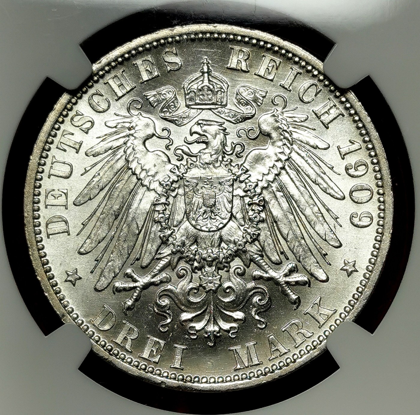 凡希社世界钱币微拍第二百六十一期（龙年开运场） 1909罗伊斯-上格莱茨3马克银币NGC-MS64 全银转光！