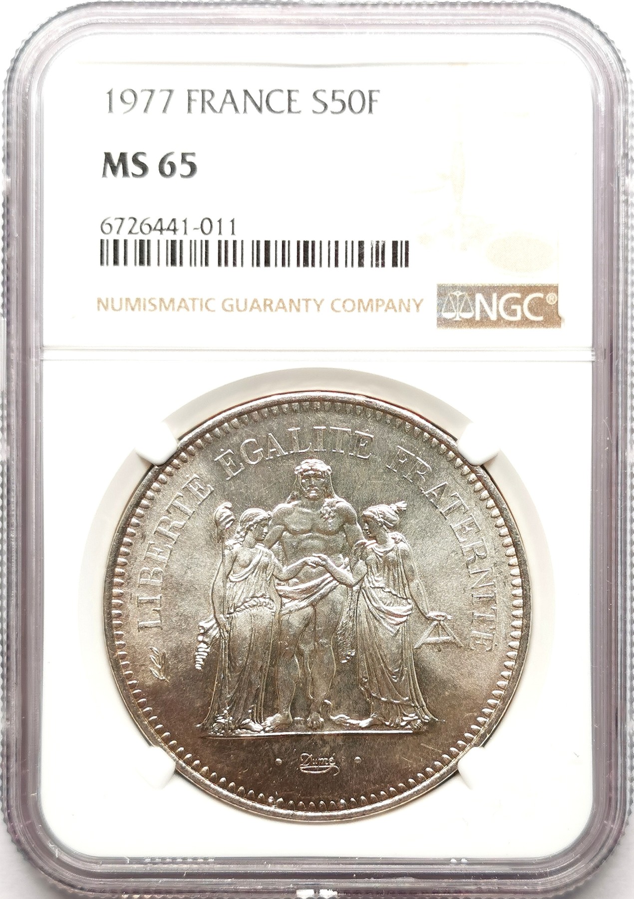 凡希社世界钱币微拍第二百六十一期（龙年开运场） 1977法国大力神50法郎大银NGC-MS65