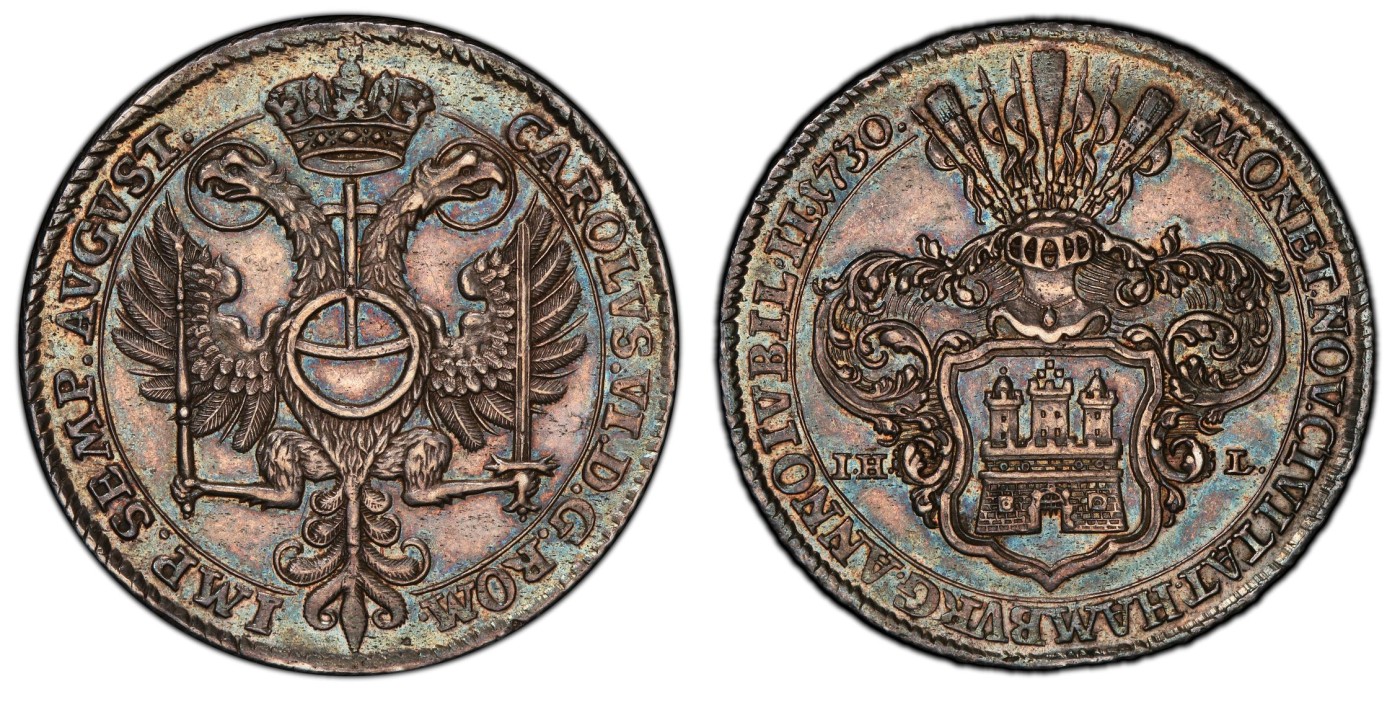 凡希社世界钱币微拍第二百六十一期（龙年开运场） 荐！1730汉萨同盟汉堡自由市奥格斯堡忏悔纪念泰勒大银PCGS-MS62 双面彩虹包浆！P封面币。