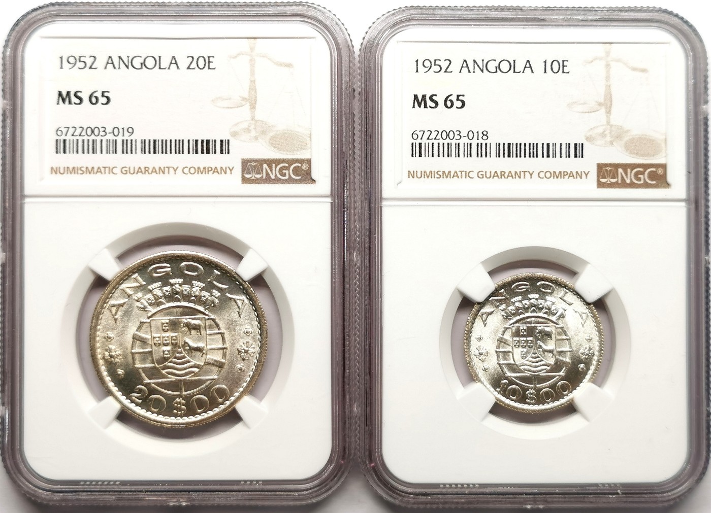 凡希社世界钱币微拍第二百六十一期（龙年开运场） 1952葡属安哥拉10/20E银币一对NGC-MS65