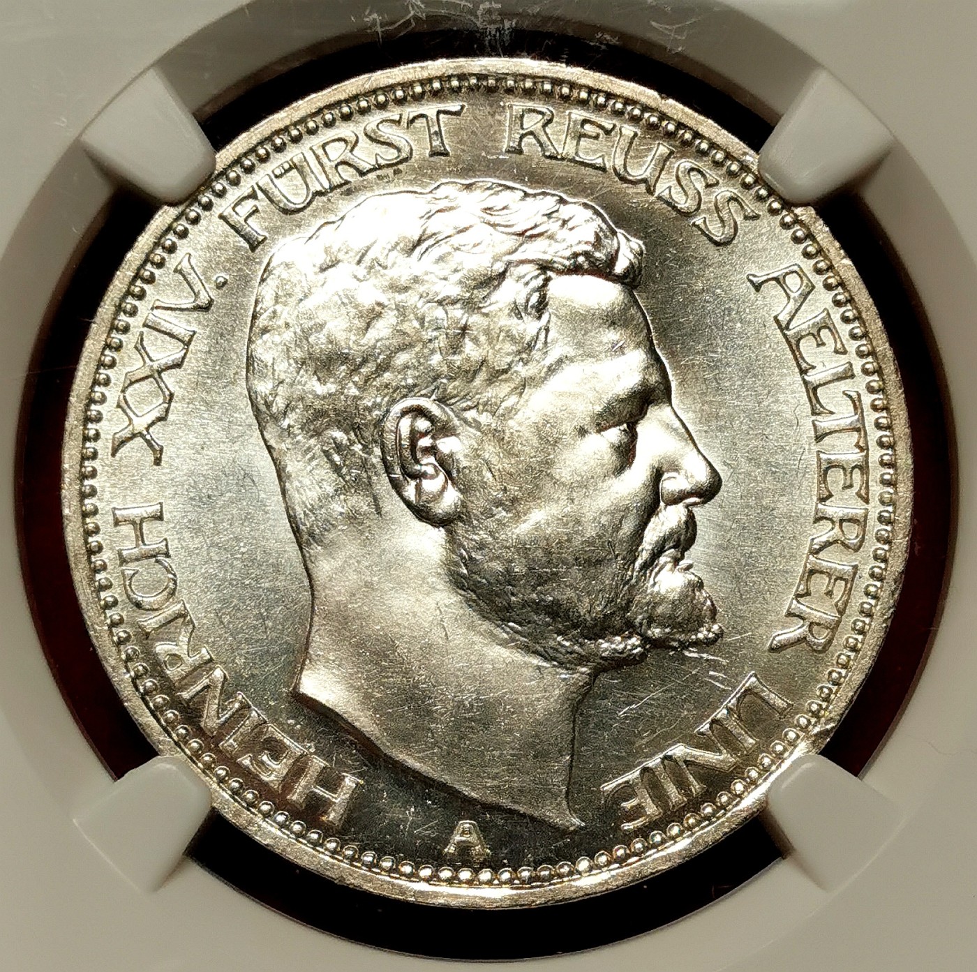 凡希社世界钱币微拍第二百六十一期（龙年开运场） 1909罗伊斯-上格莱茨3马克银币NGC-MS64 全银转光！