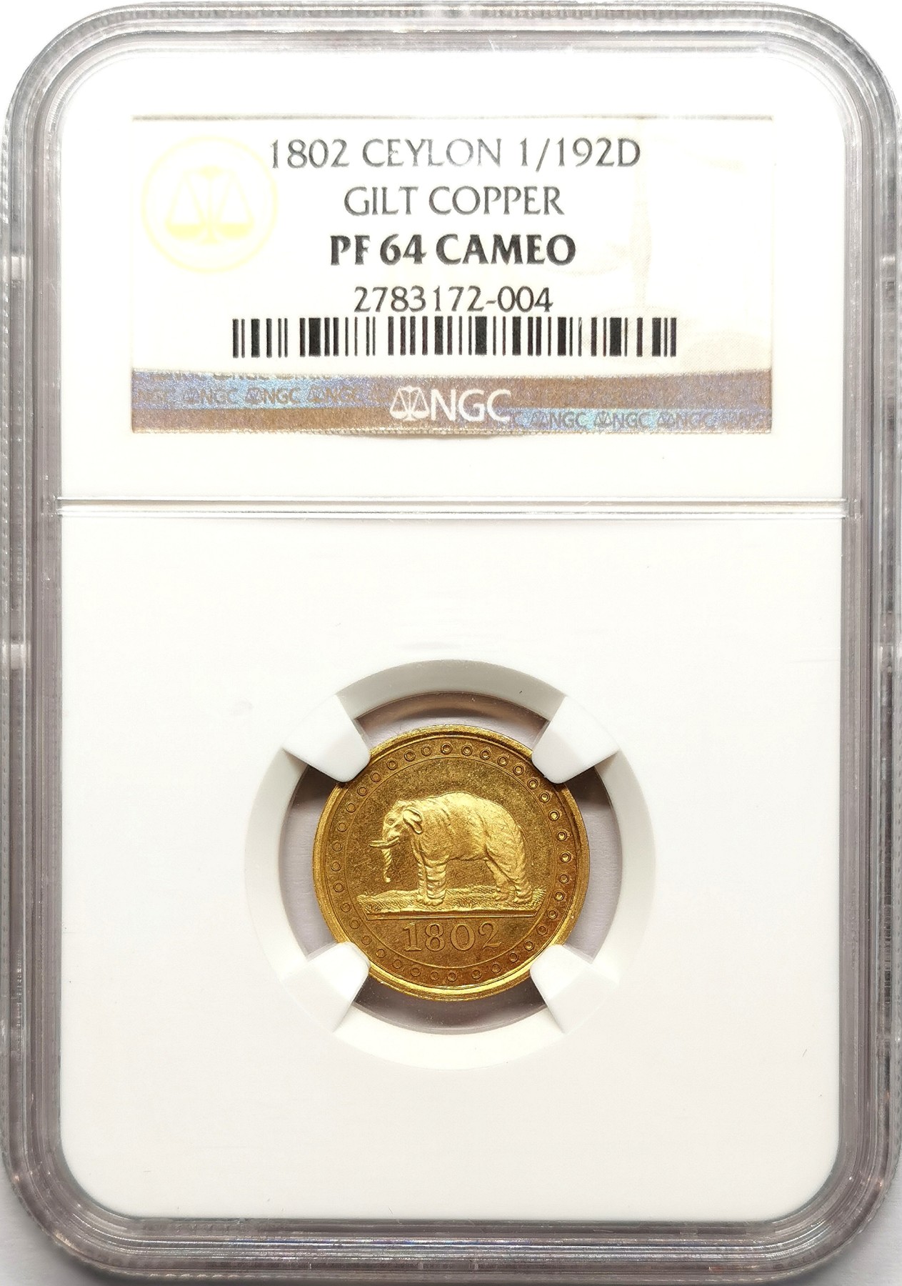 凡希社世界钱币微拍第二百六十一期（龙年开运场） 稀！1802英属锡兰大象精铸镀金铜币三枚套NGC-PF64/64/62CAMEO SOHO为该殖民地铸造的首套机制硬币，殖民地名誉品，广受欢迎且价格坚挺的品种，三枚全部为CAMEO尤为难得！仅仅一枚PR64的1/48RIX铜币在2021年拍出3720美元。