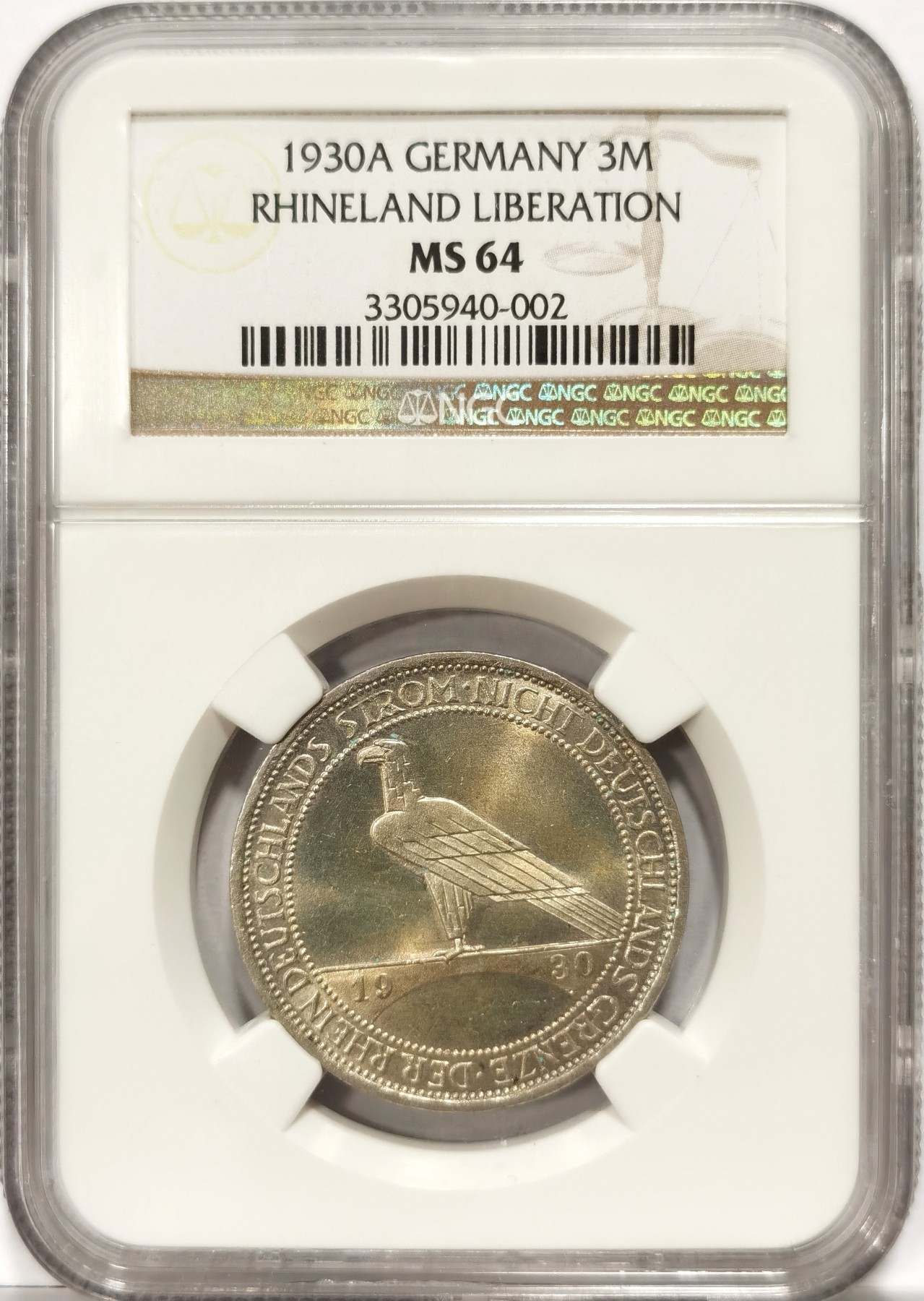 博洋堂世界钱币拍卖第066期（全场包邮） 1930年魏玛莱茵兰解放3马克纪念银币NGC-MS64，原汁原味老包浆，包浆醇厚，打制精美。极美车轮十字光，淡彩币面清爽干净又漂亮，银光闪烁，状态极佳