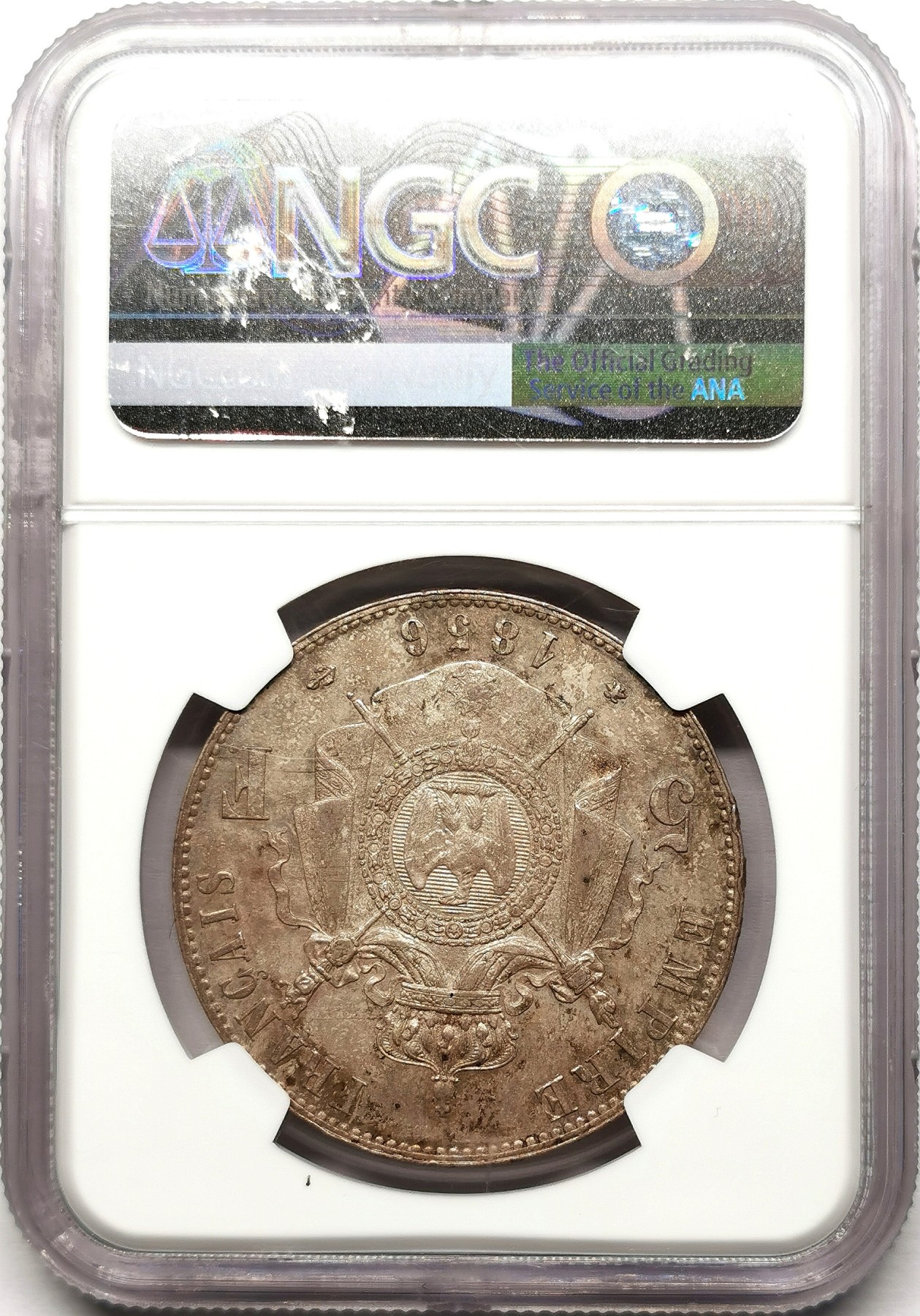 凡希社世界钱币微拍第二百六十一期（龙年开运场） 荐！1856BB法兰西第二帝国拿破仑三世5法郎大银NGC-MS63 原味烟熏彩，包浆质感一流！