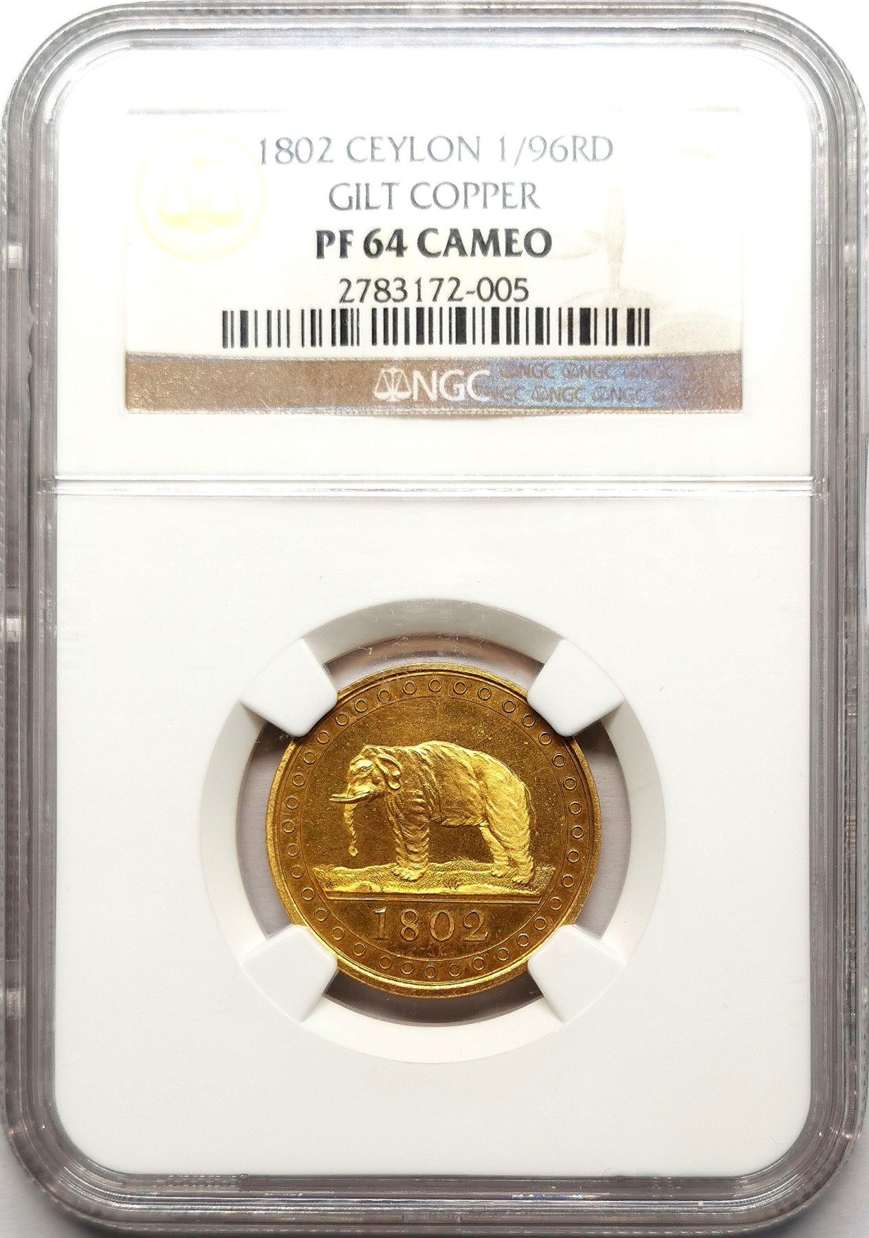 凡希社世界钱币微拍第二百六十一期（龙年开运场） 稀！1802英属锡兰大象精铸镀金铜币三枚套NGC-PF64/64/62CAMEO SOHO为该殖民地铸造的首套机制硬币，殖民地名誉品，广受欢迎且价格坚挺的品种，三枚全部为CAMEO尤为难得！仅仅一枚PR64的1/48RIX铜币在2021年拍出3720美元。