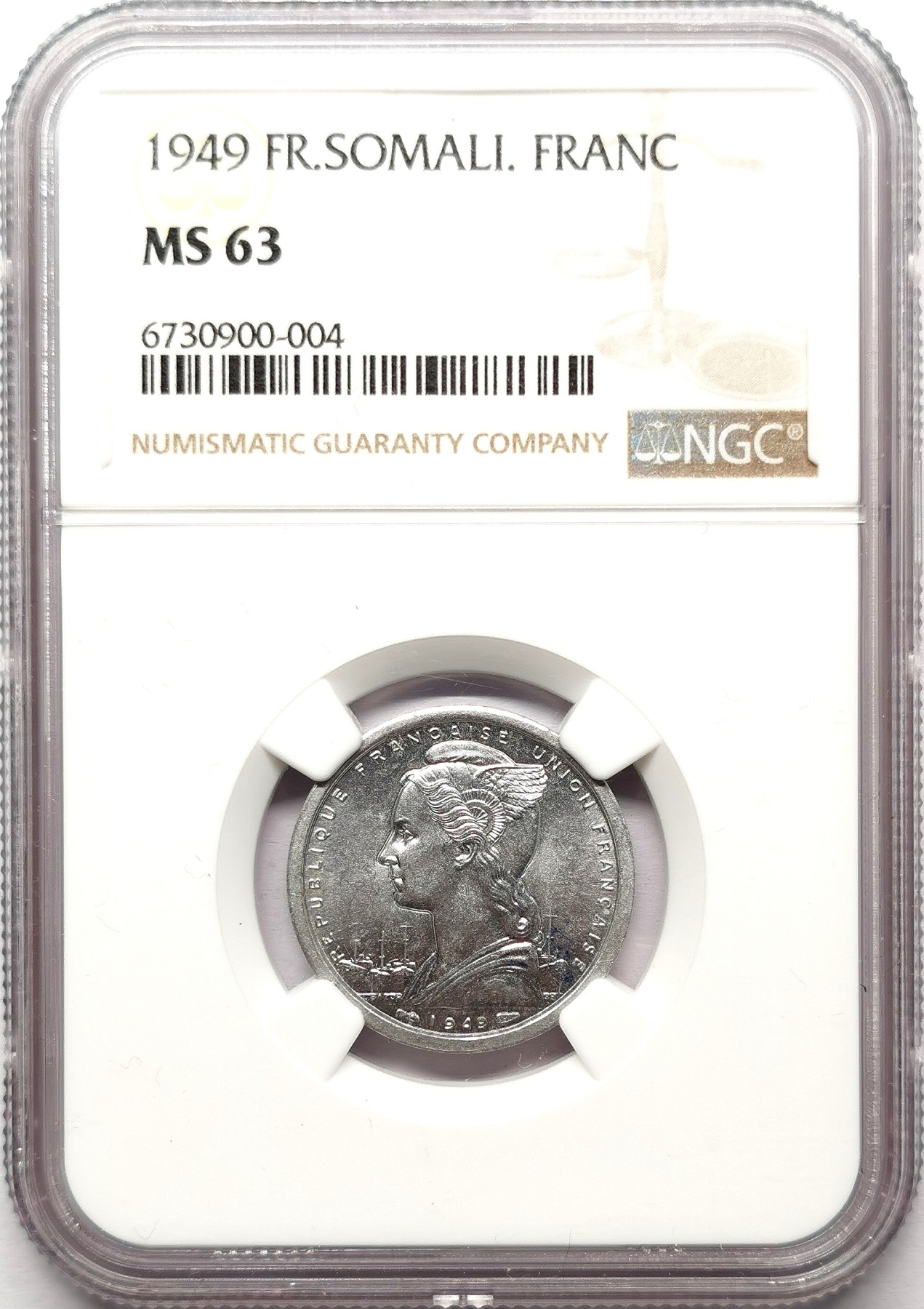 凡希社世界钱币微拍第二百六十一期（龙年开运场） 1949法属索马里1法郎铝币NGC-MS63