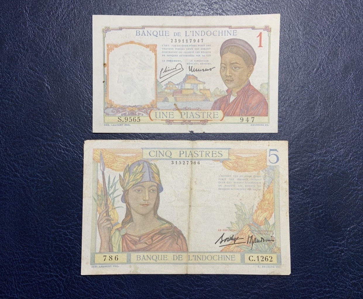 收藏联盟Quantum Auction 第327期拍卖  法属印度支那汇理银行1和5皮阿斯特 品相如图 有针孔