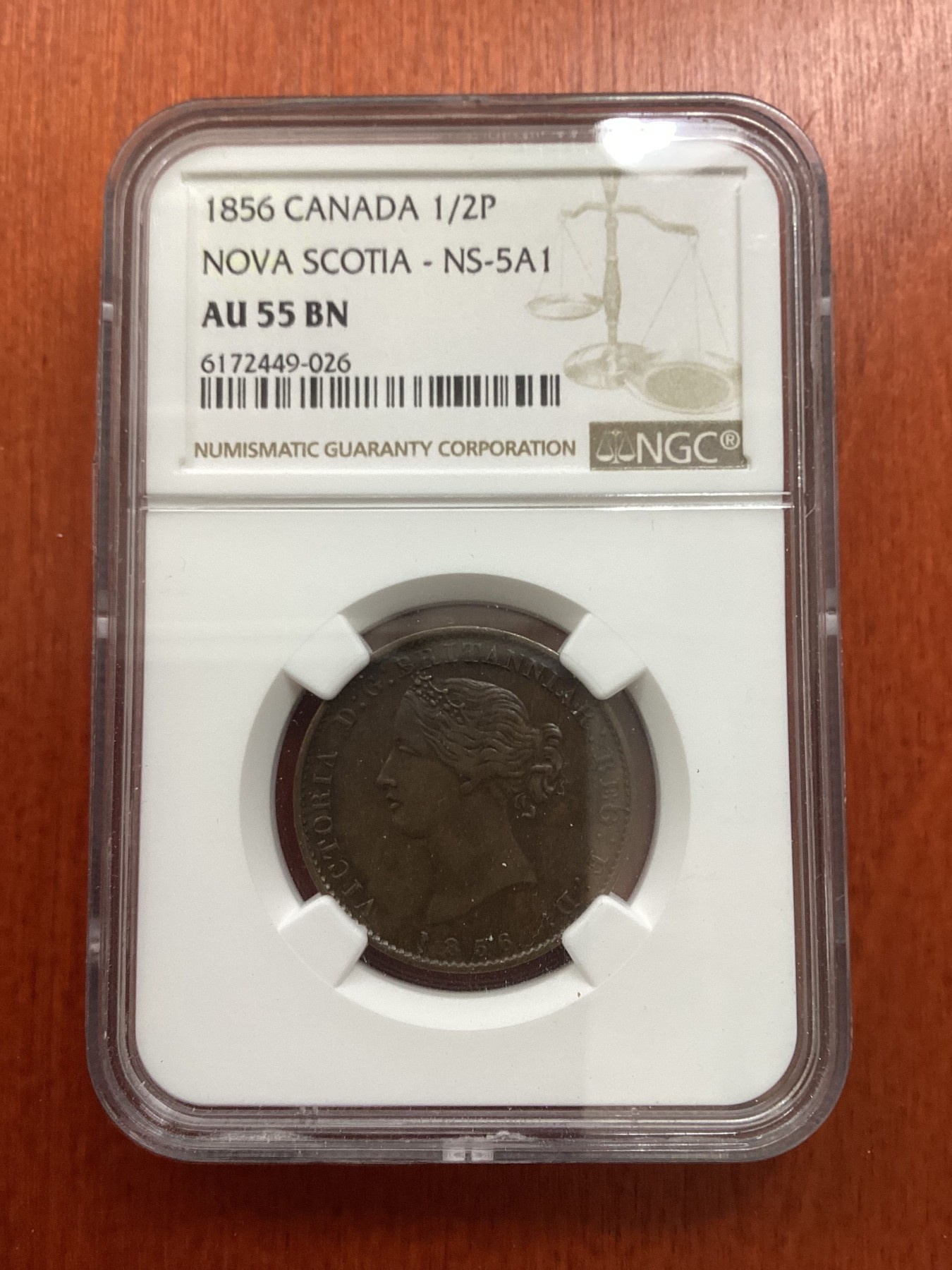 长老汇龙年精选第二场 1856 加拿大维多利亚新斯科舍1/2便士铜币代币，NGC AU55BN，第四名，更高分仅有8枚