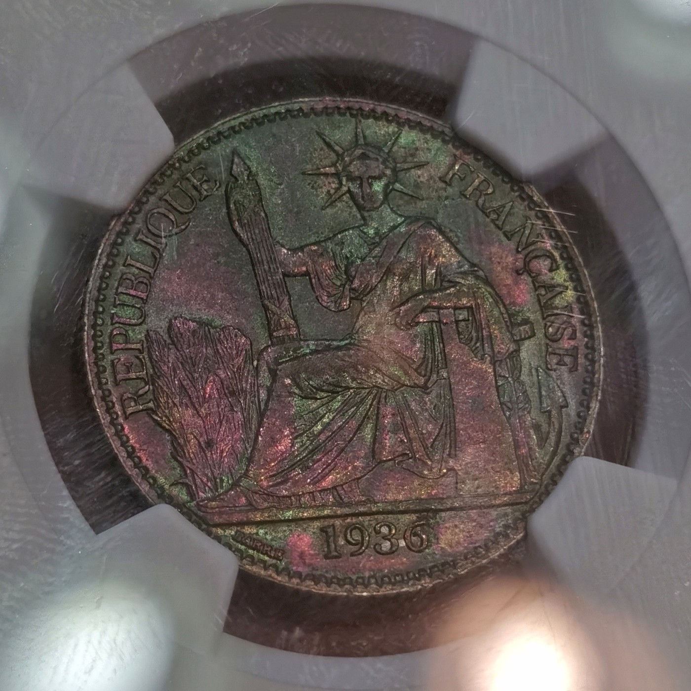 博洋堂世界钱币拍卖第066期（全场包邮） NGC AU 法属印支坐洋1936年50分半圆银币2枚一对，包浆漂亮！