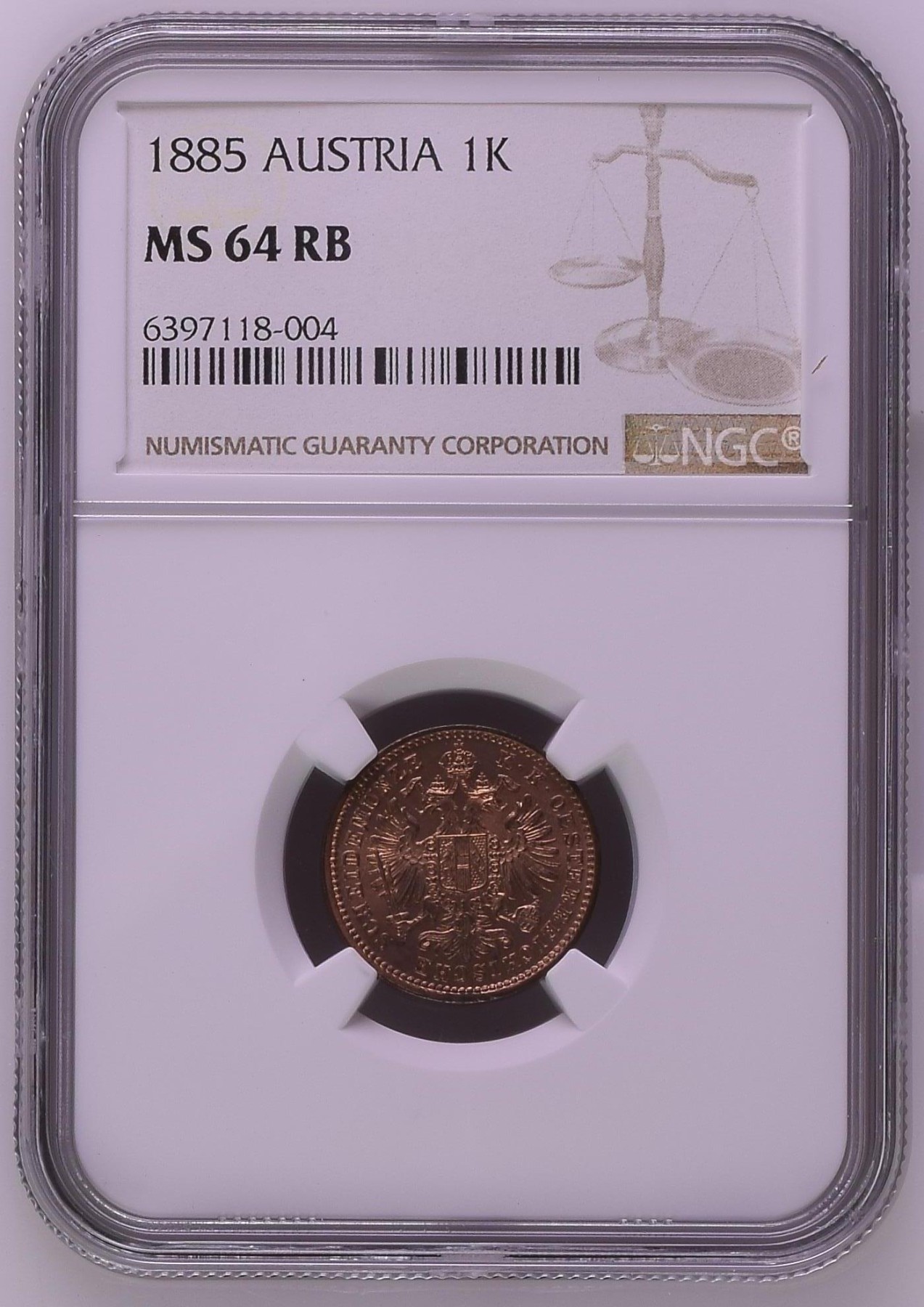 长老汇龙年精选第二场 1885 奥地利约瑟夫一世1克洛泽铜币，NGC MS64RB，130多年前的老铜币崭新如昨