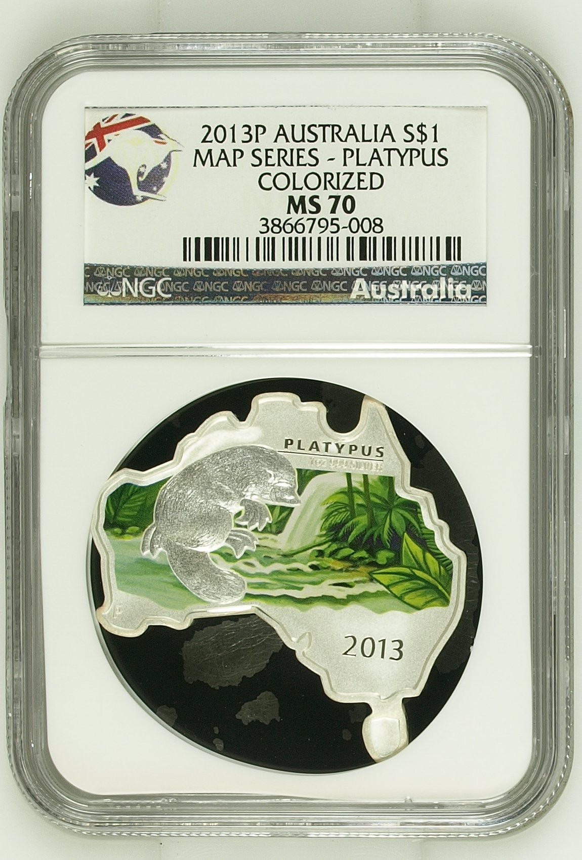 长老汇龙年精选第二场 2013P 澳大利亚地图系列鸭嘴兽彩色异形1澳元银币，NGC MS70分，发行量6000枚