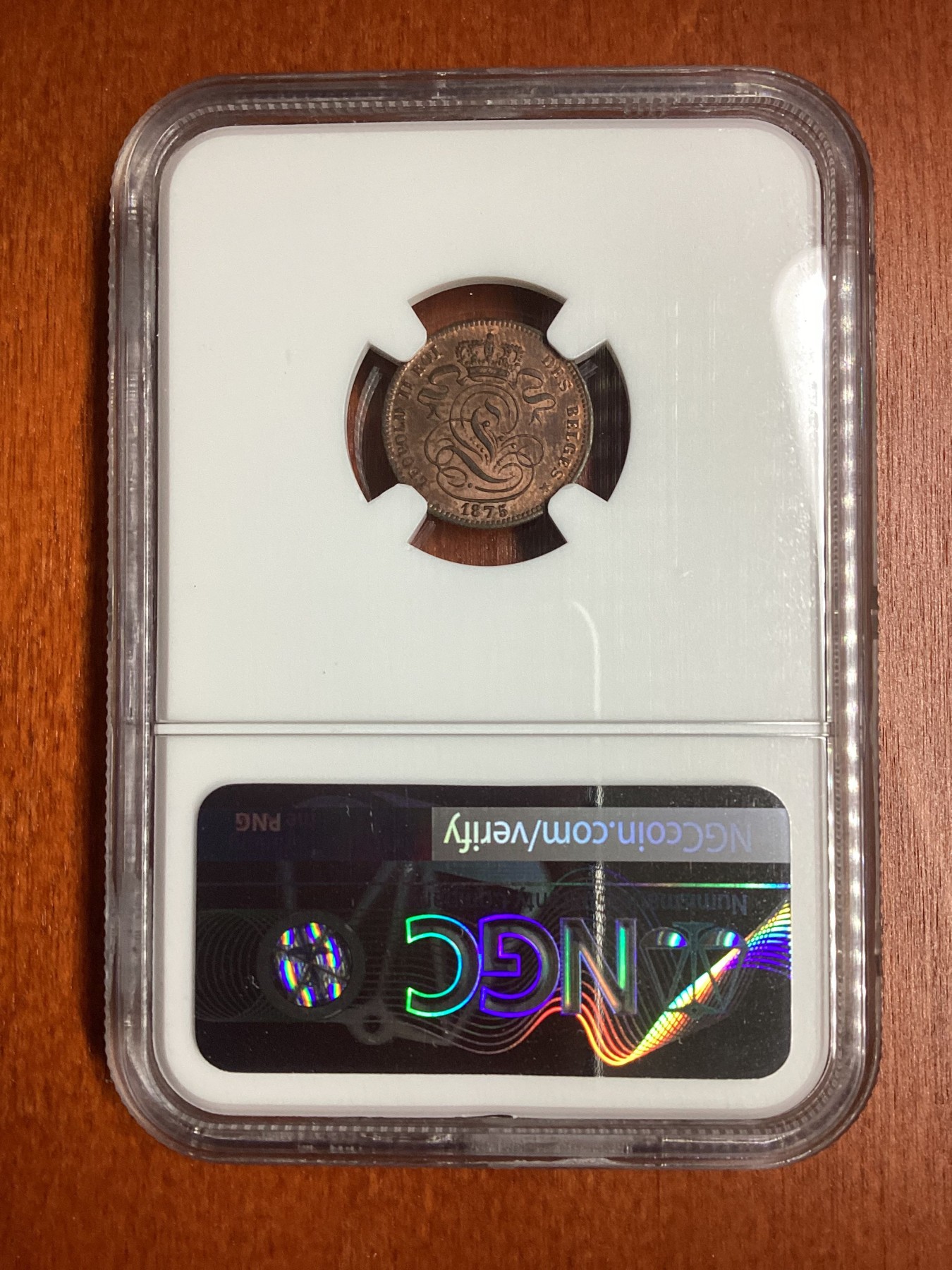 长老汇龙年精选第二场 1875 比利时1分铜币，NGC MS63RB，亚军分，更高分仅有一枚
