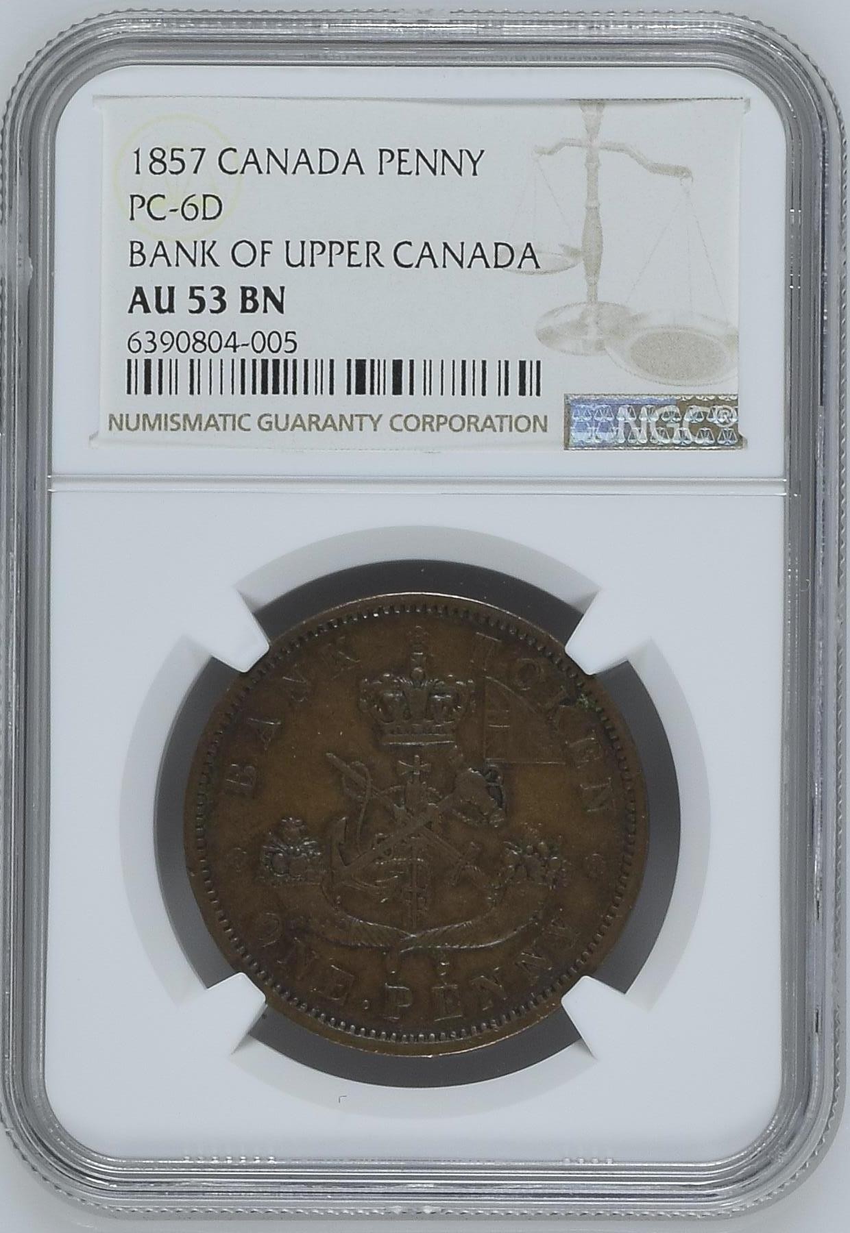 长老汇龙年精选第二场 1857 加拿大上加拿大银行1便士铜币，NGC AU53BN，背经典马剑形象