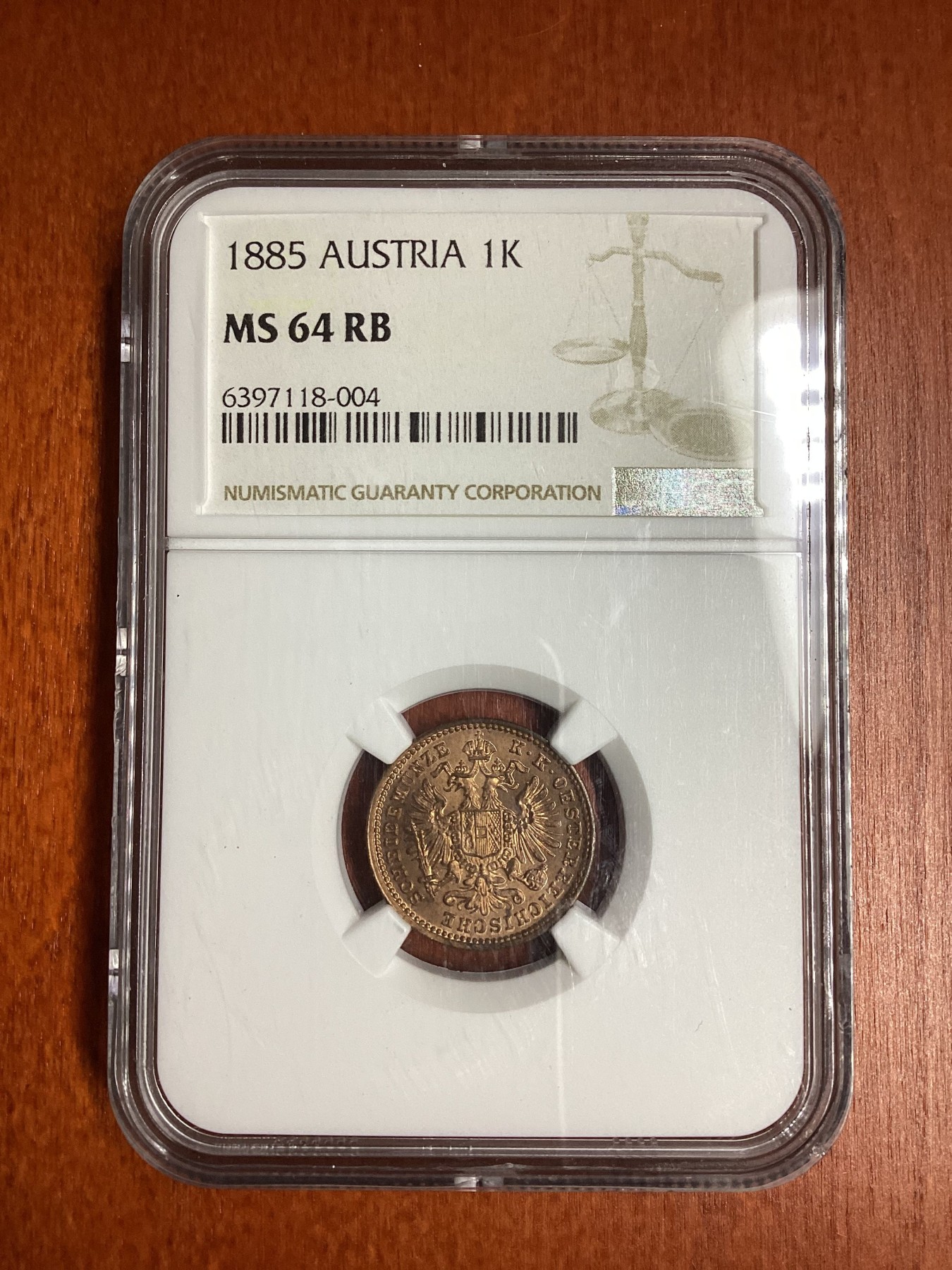 长老汇龙年精选第二场 1885 奥地利约瑟夫一世1克洛泽铜币，NGC MS64RB，130多年前的老铜币崭新如昨