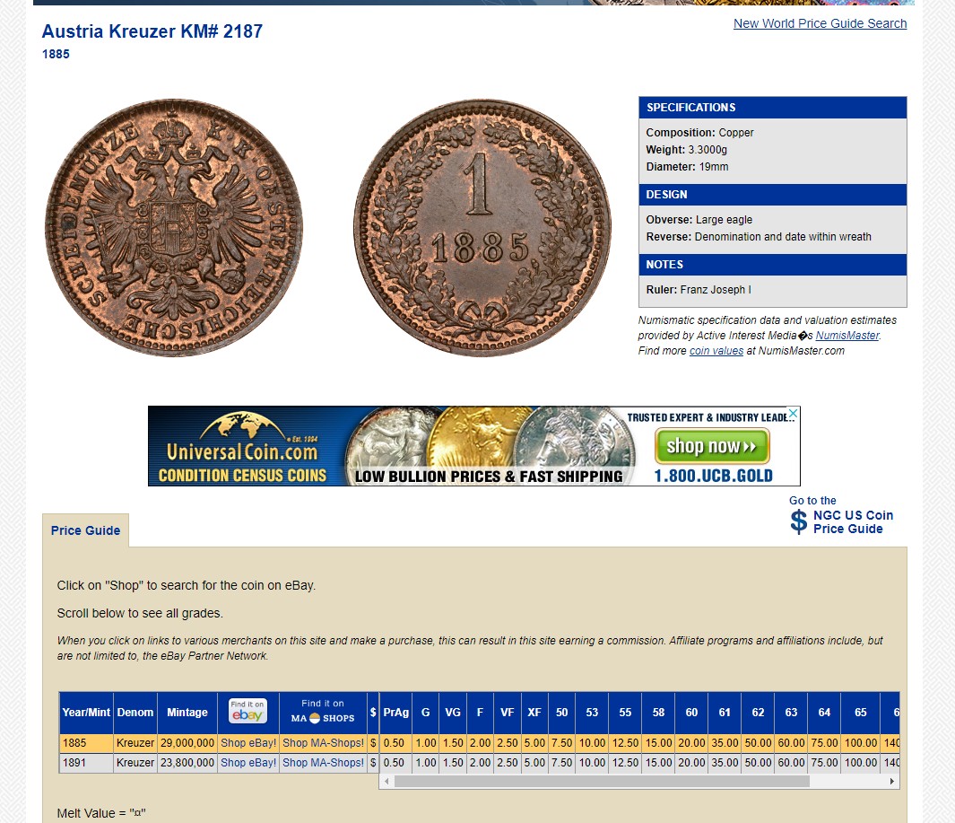 长老汇龙年精选第二场 1885 奥地利约瑟夫一世1克洛泽铜币，NGC MS64RB，130多年前的老铜币崭新如昨