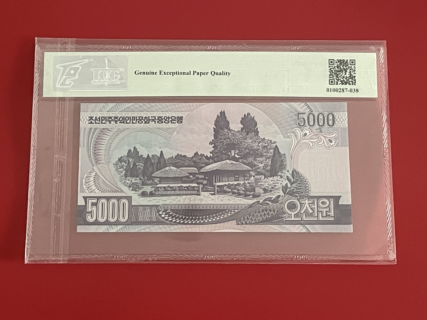 世界各国纸币、朝鲜钞、测试钞、连体钞、豹子号、靓号专场 【第3期】 朝鲜2006年5000元 错版 大偏移 漏月牙底纹版 TQG 66分GEPQ
