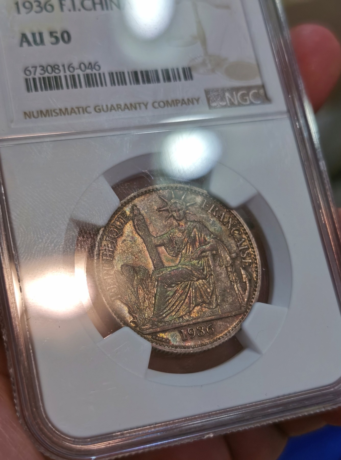 博洋堂世界钱币拍卖第066期（全场包邮） NGC AU50 法属印支坐洋1936年50分半圆银币，重五彩