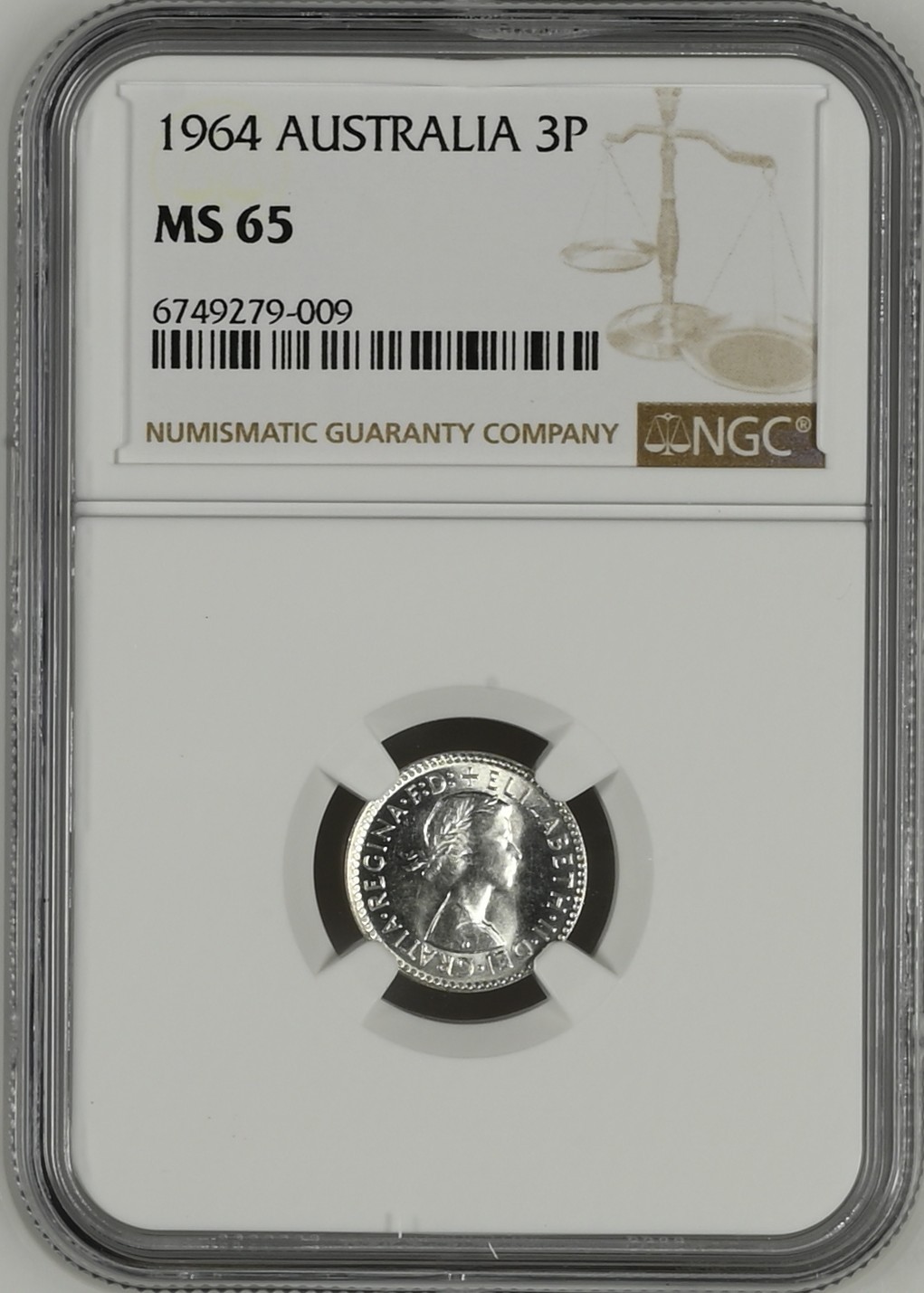 长老汇龙年精选第二场 1964 澳大利亚伊丽莎白二世3便士银币，NGC MS65分，季军分
