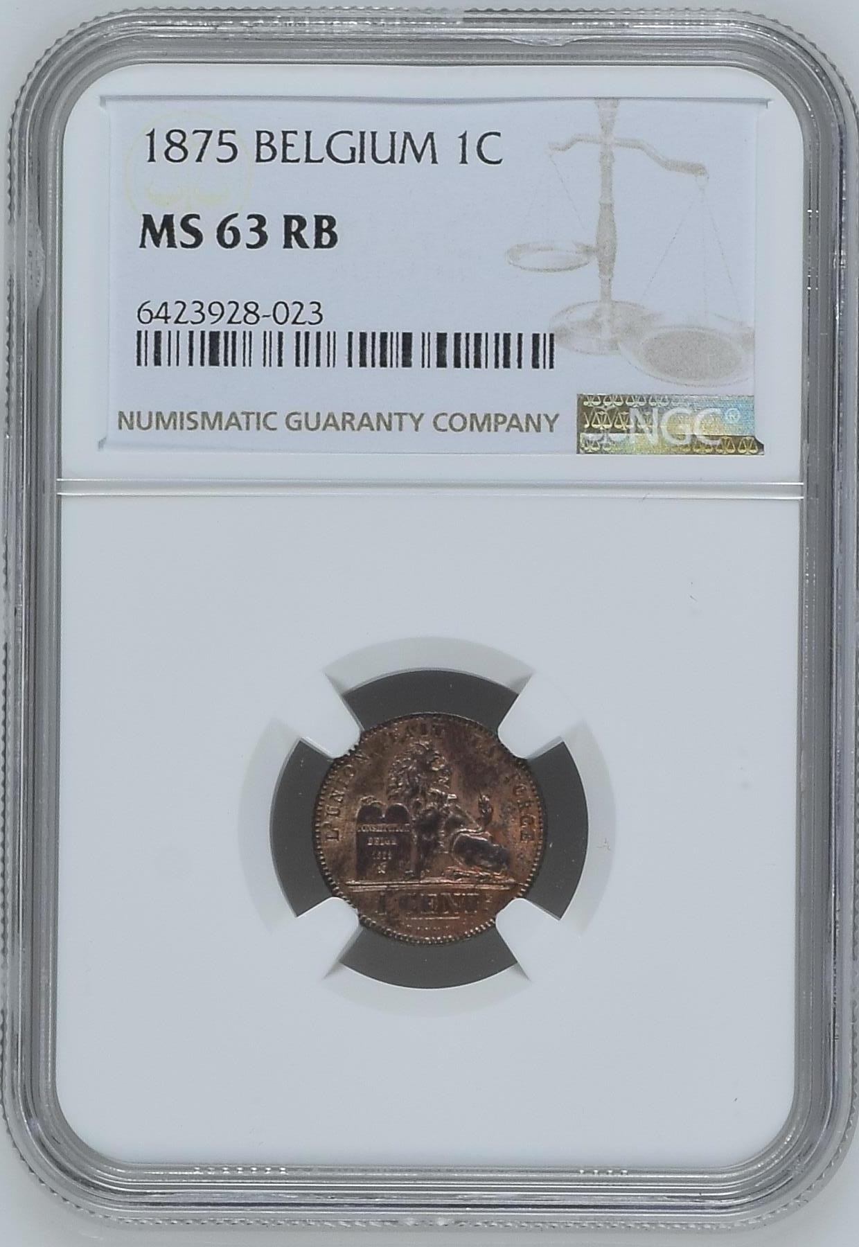 长老汇龙年精选第二场 1875 比利时1分铜币，NGC MS63RB，亚军分，更高分仅有一枚