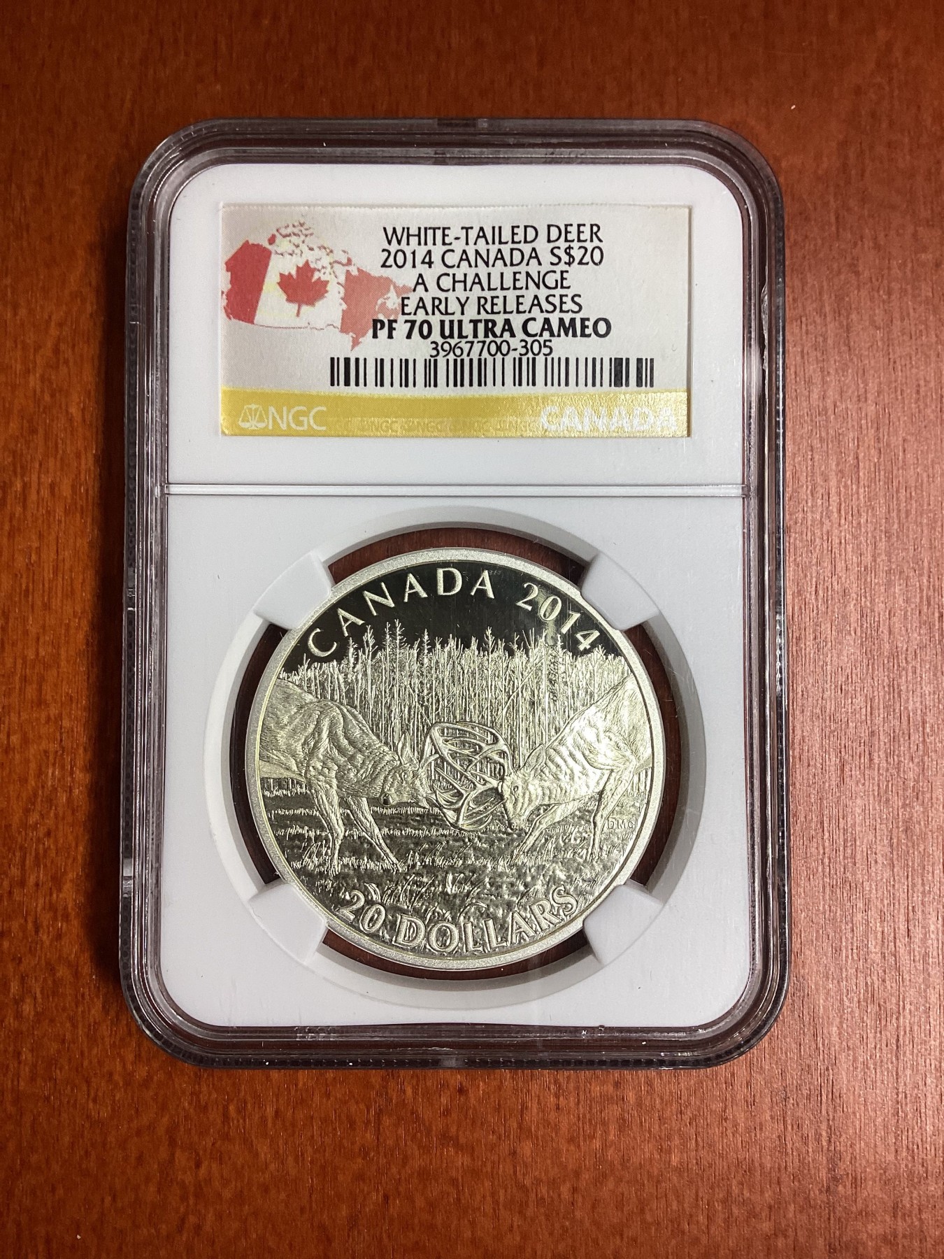 长老汇龙年精选第二场 2014 加拿大白尾鹿角斗20加元精制银币，NGC PF70UC，早期发行标，加拿大标，发行量7500枚