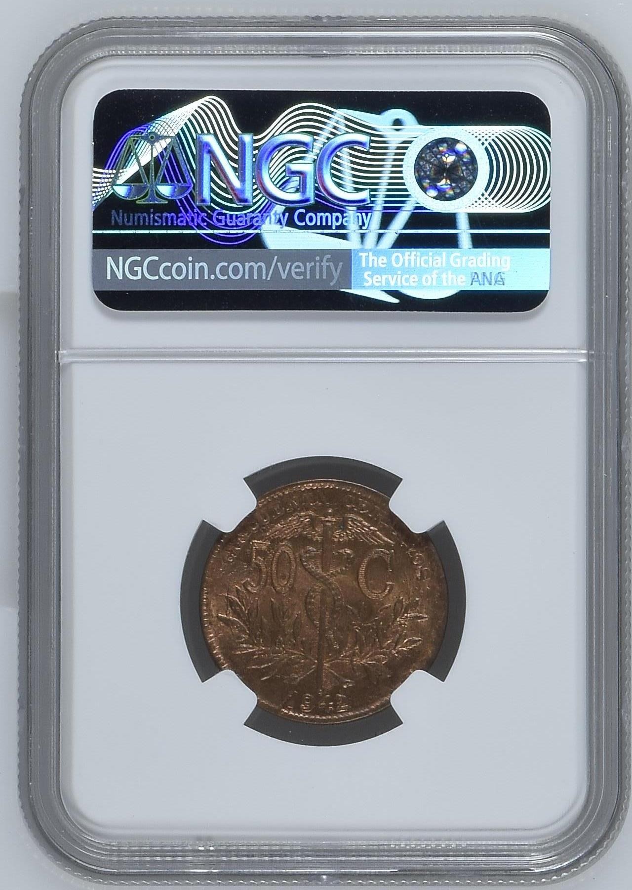 长老汇龙年精选第二场 1942 玻利维亚50分铜币，NGC MS64RB，季军分