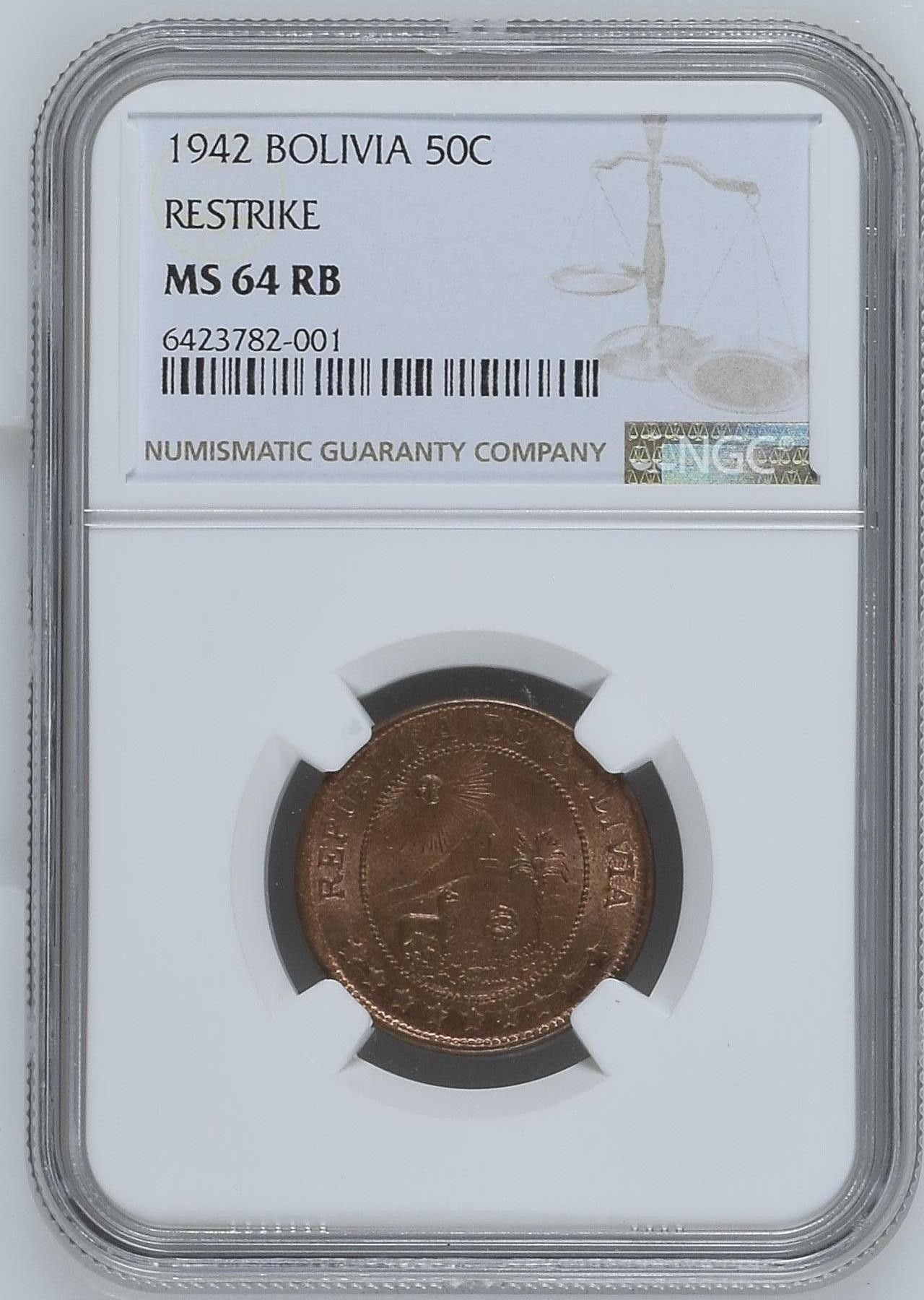 长老汇龙年精选第二场 1942 玻利维亚50分铜币，NGC MS64RB，季军分