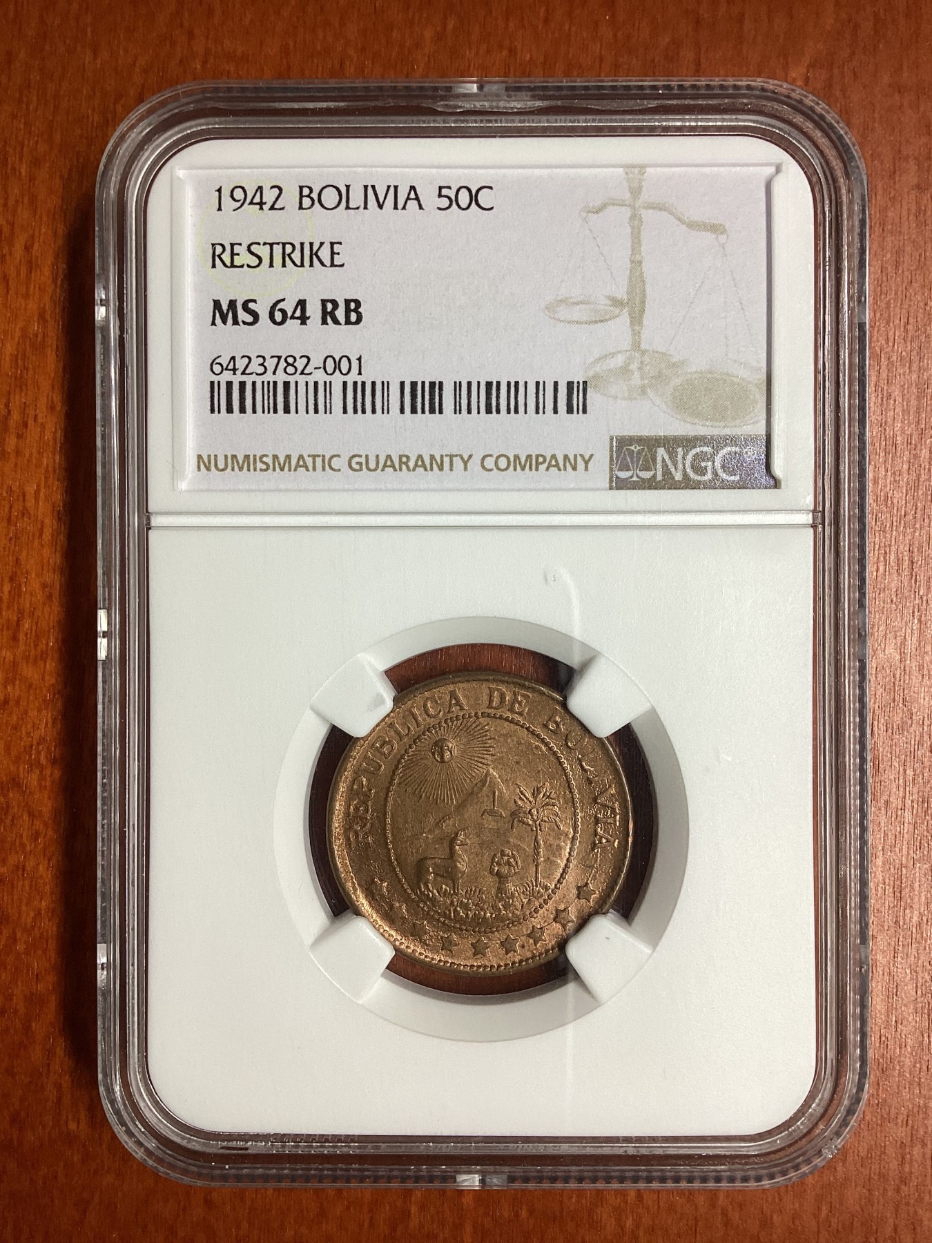 长老汇龙年精选第二场 1942 玻利维亚50分铜币，NGC MS64RB，季军分