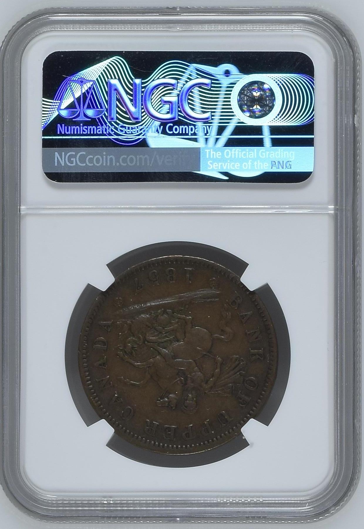 长老汇龙年精选第二场 1857 加拿大上加拿大银行1便士铜币，NGC AU53BN，背经典马剑形象