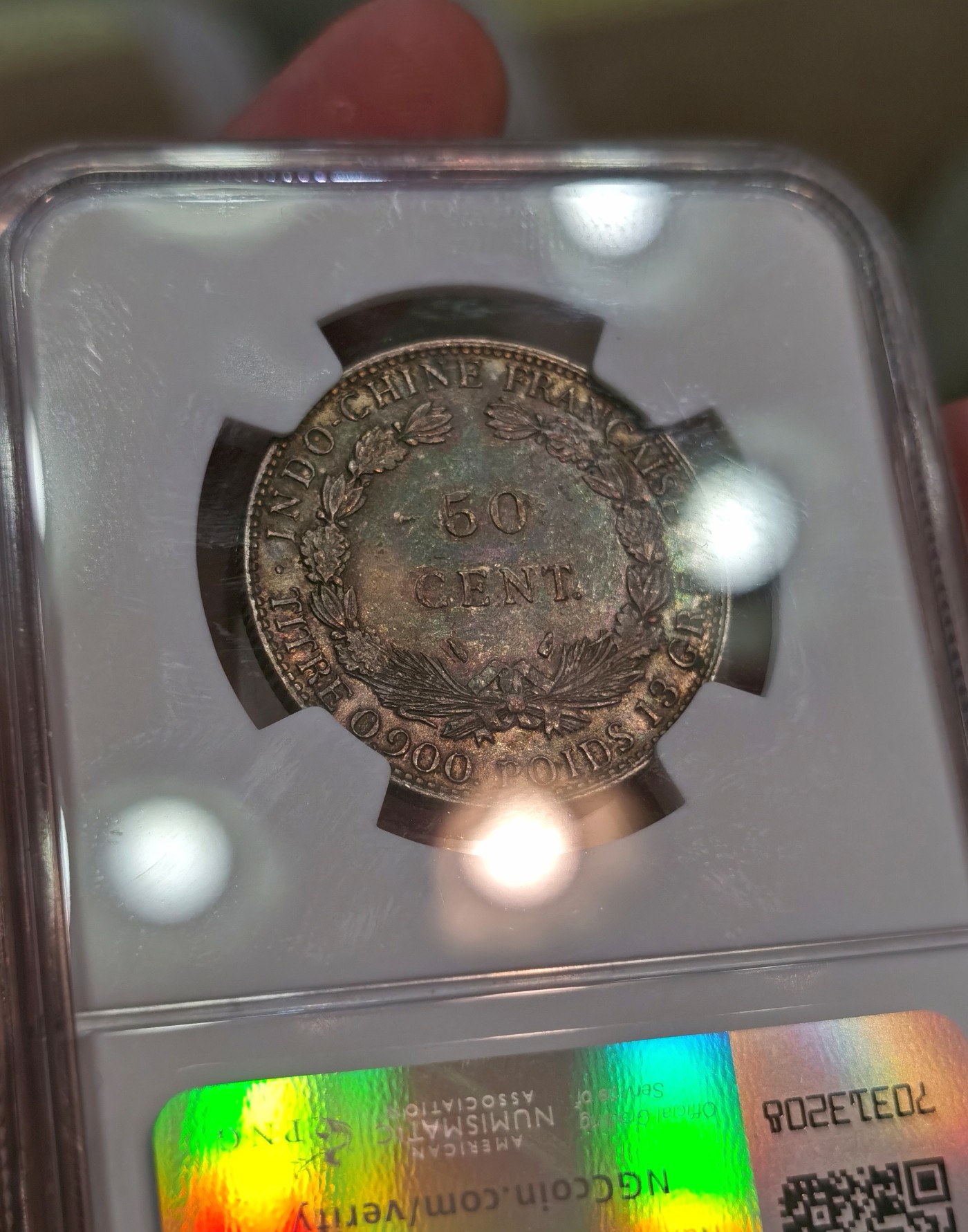 博洋堂世界钱币拍卖第066期（全场包邮） NGC AU50 法属印支坐洋1936年50分半圆银币，重五彩