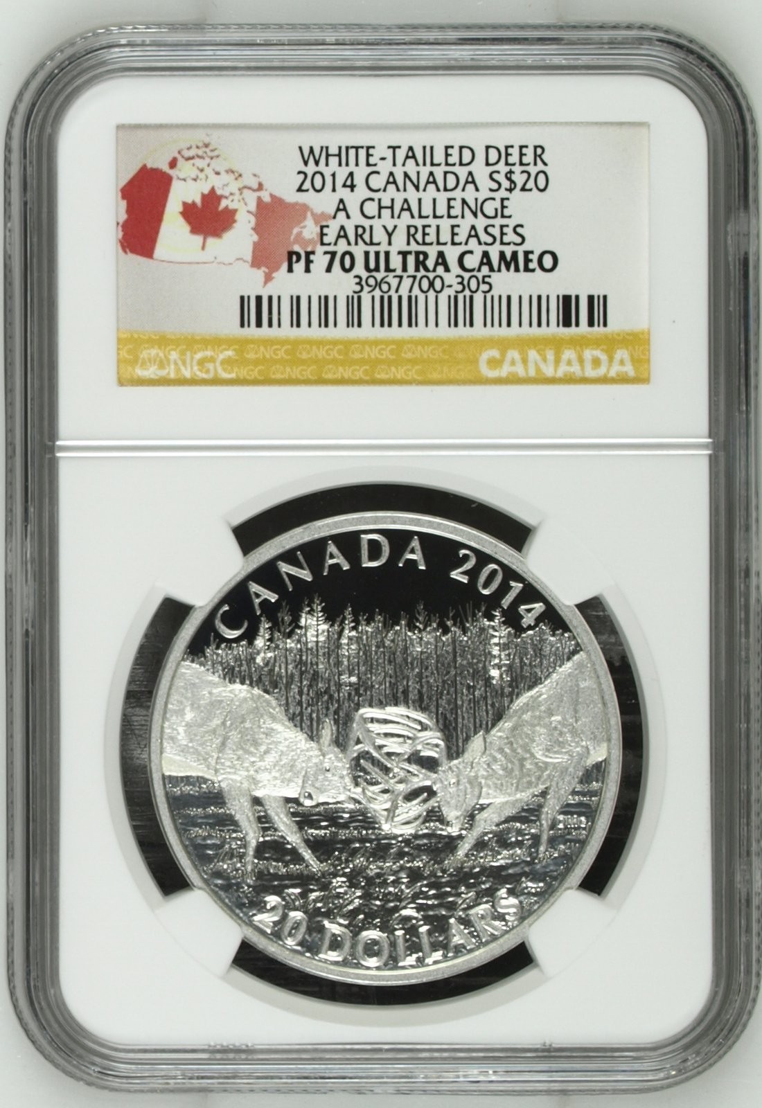 长老汇龙年精选第二场 2014 加拿大白尾鹿角斗20加元精制银币，NGC PF70UC，早期发行标，加拿大标，发行量7500枚