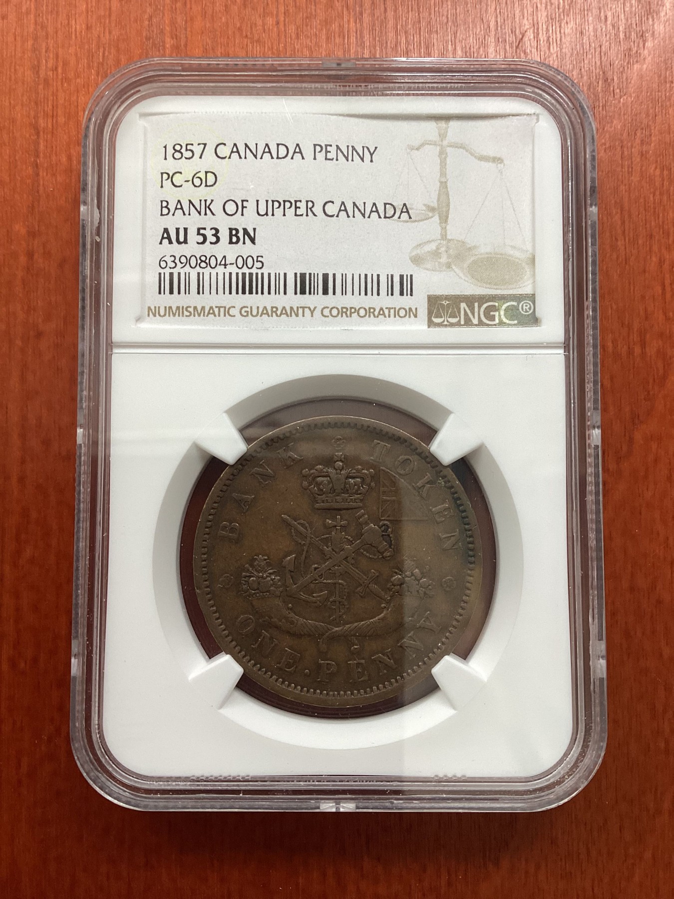 长老汇龙年精选第二场 1857 加拿大上加拿大银行1便士铜币，NGC AU53BN，背经典马剑形象