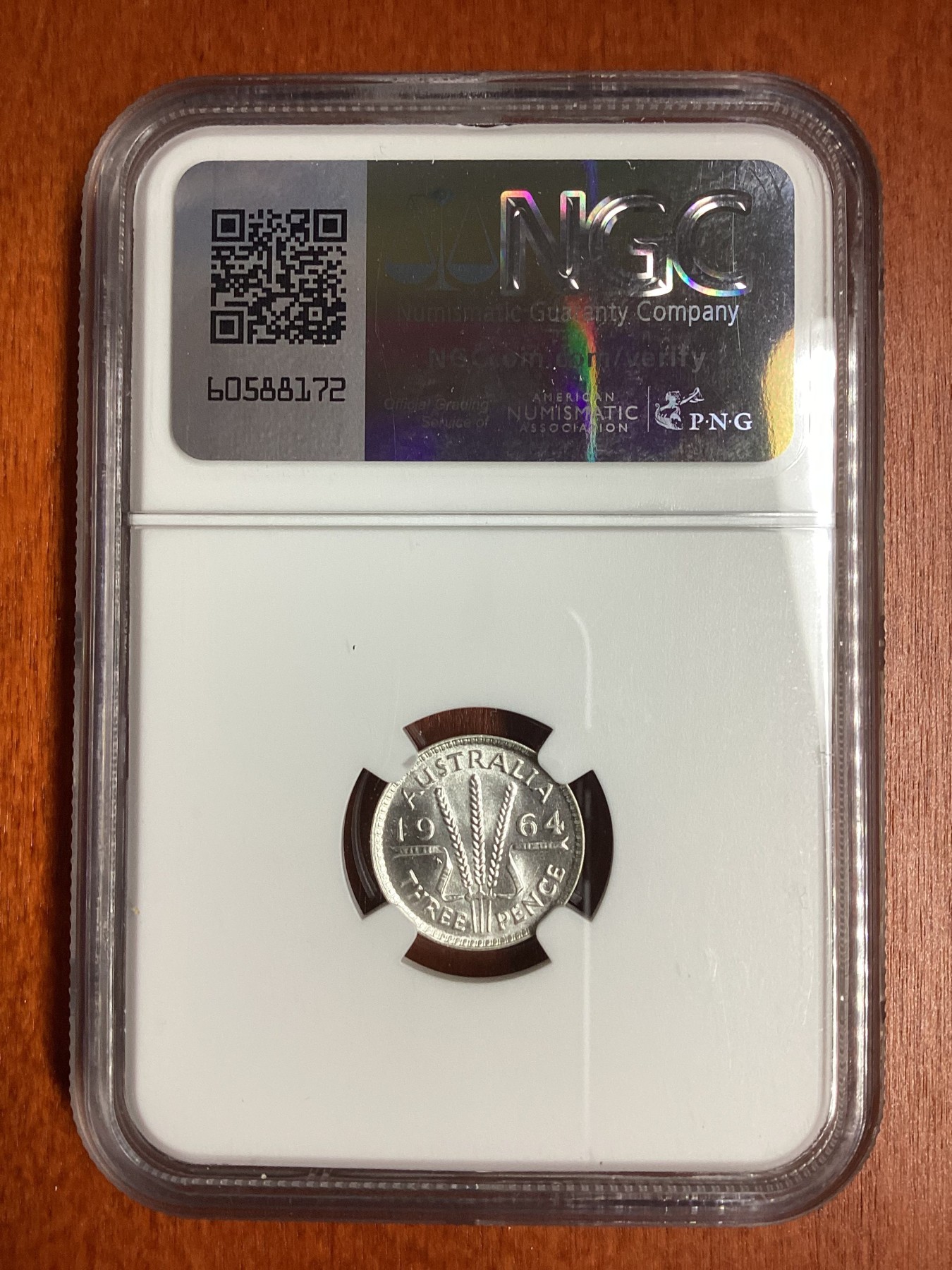 长老汇龙年精选第二场 1964 澳大利亚伊丽莎白二世3便士银币，NGC MS65分，季军分