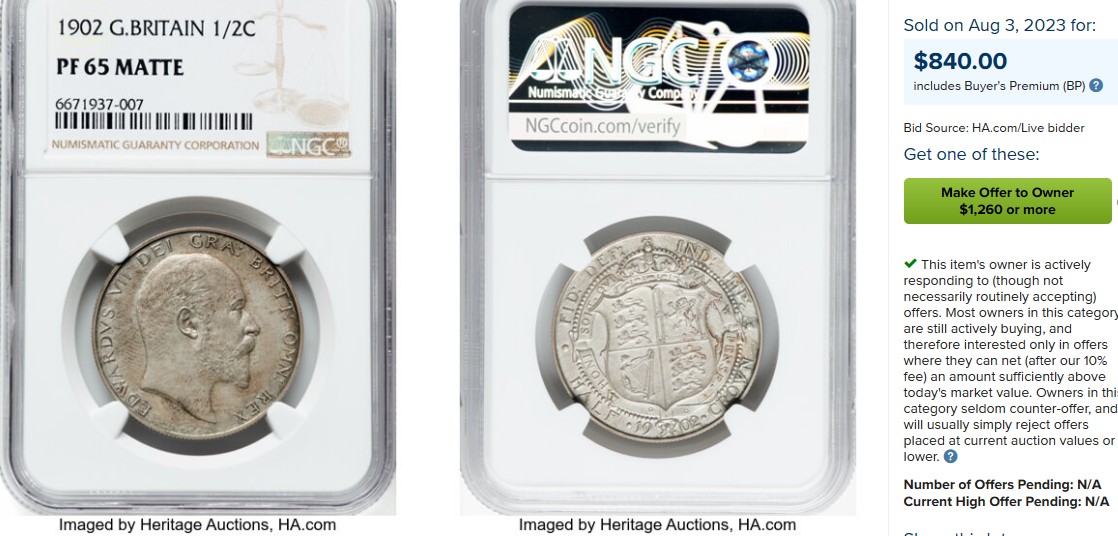 博洋堂世界钱币拍卖第066期（全场包邮） NGC PF64MATTE 英国1902年爱德华七世精制1/2克朗银币，难得原味包浆，65分成交6000+