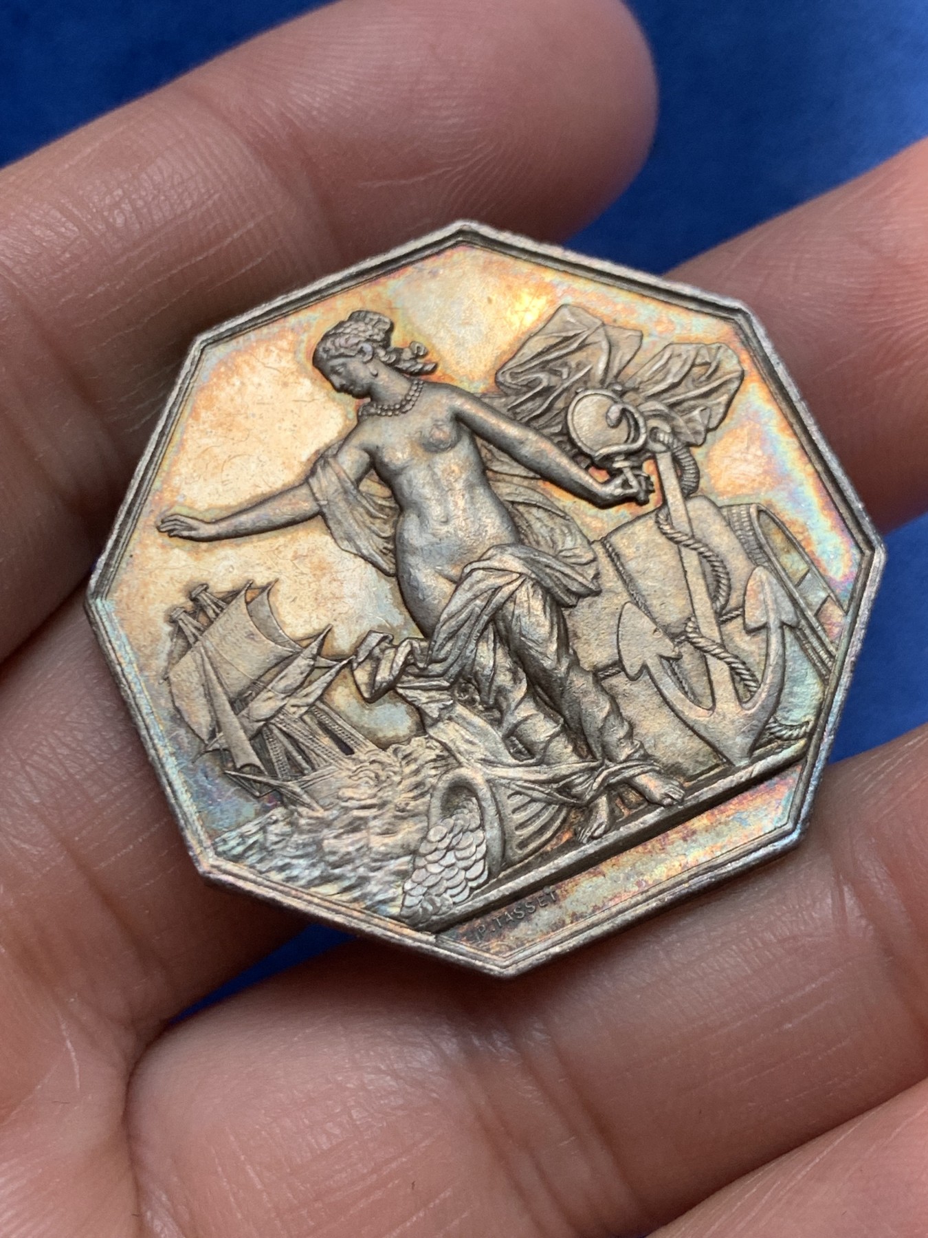 《竞宝斋》第243场-周日，周一 新年开场 (全场包邮) 法国先见之明保险公司八角银质代币，36.3毫米，19.01克，1860-1879年蜜蜂边铭