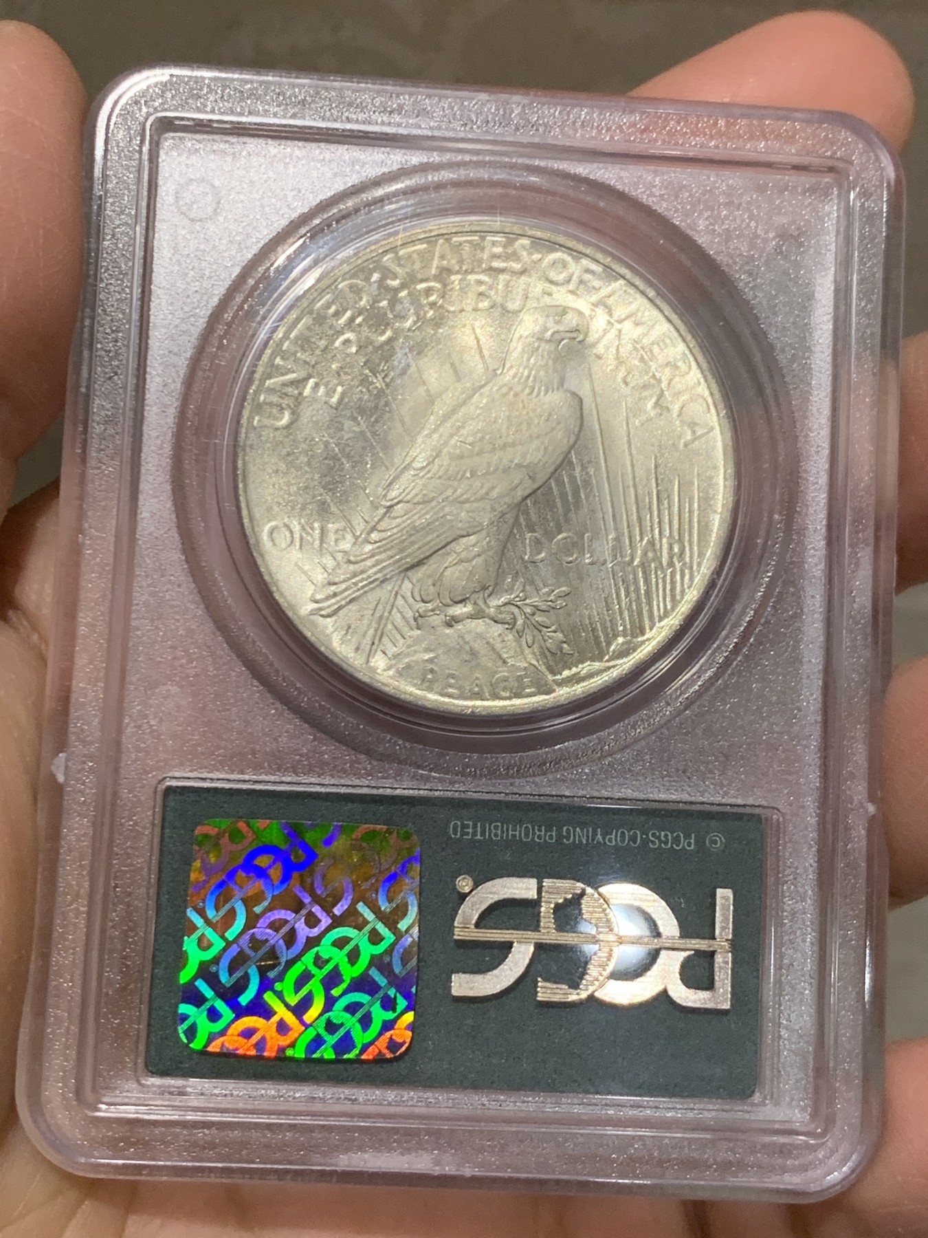 《竞宝斋》第243场-周日，周一 新年开场 (全场包邮) PCGS MS64 美国1923和平女神银币 少见老绿盒 此枚对比新盒霜光异常强烈