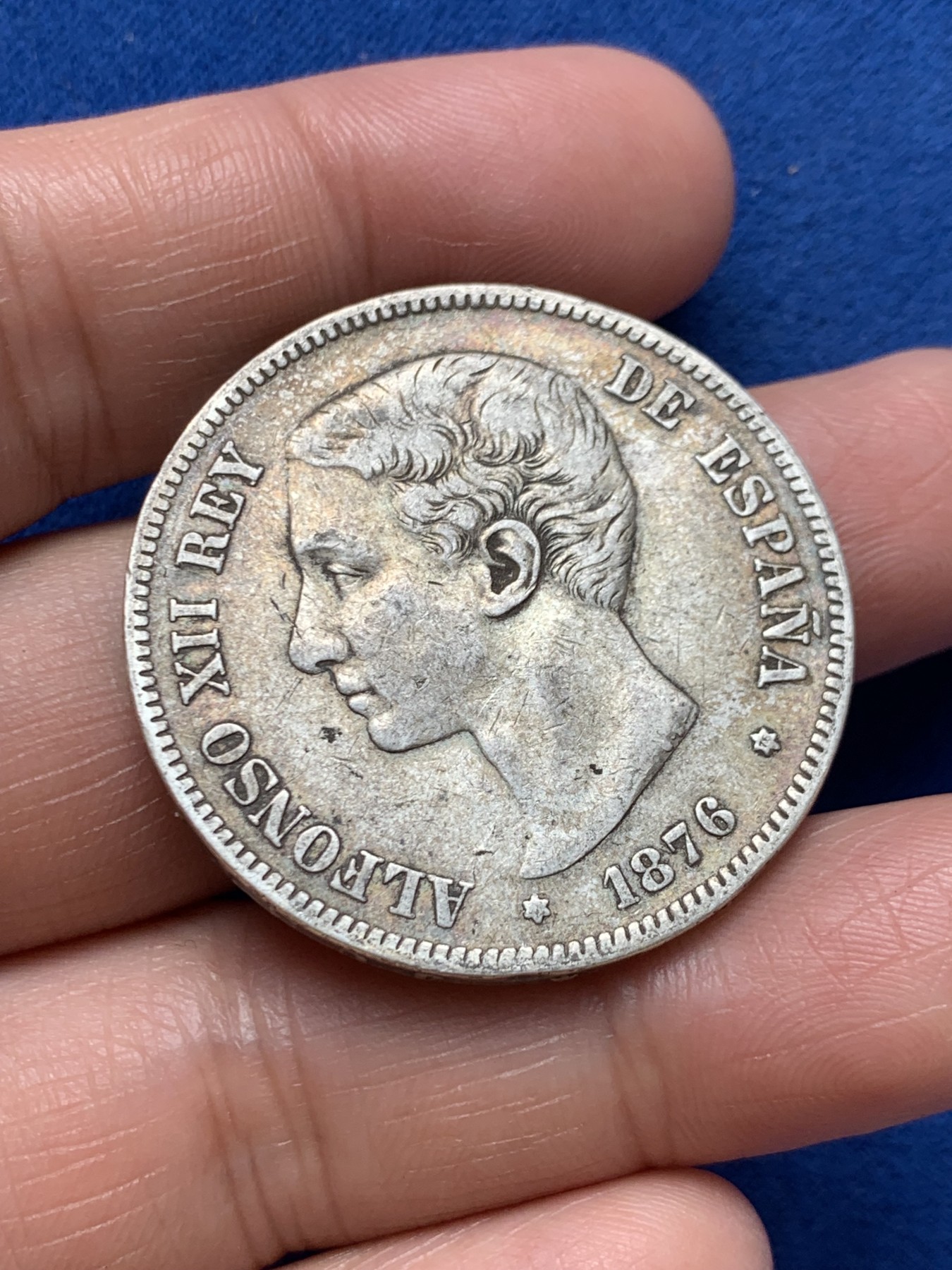 《竞宝斋》第243场-周日，周一 新年开场 (全场包邮) 西班牙1876阿方索十二世双柱 5比塞塔银币