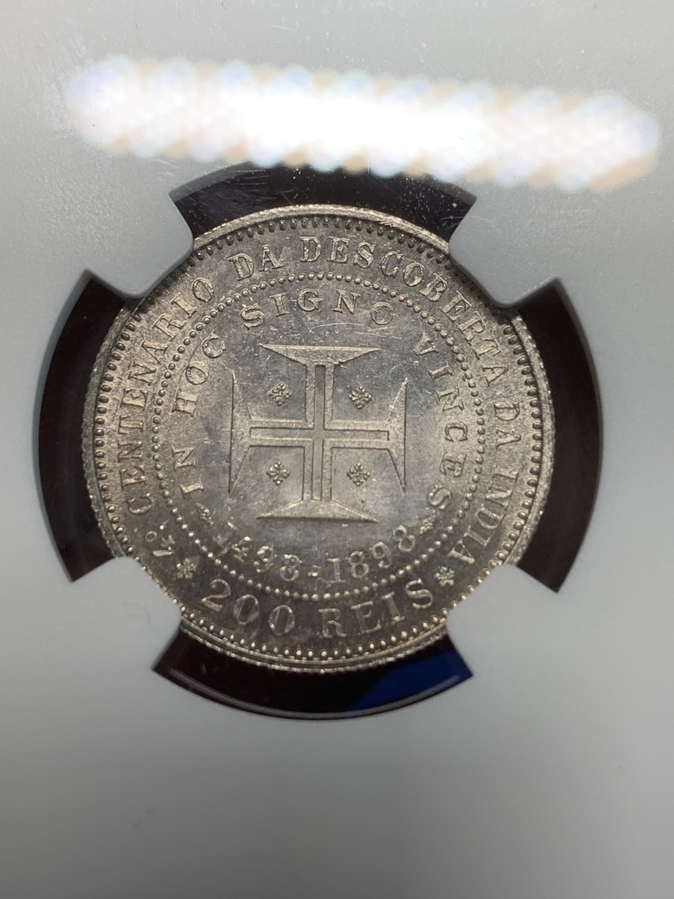 《竞宝斋》第243场-周日，周一 新年开场 (全场包邮) NGC MS62 葡萄牙1898年发现印度戎装版200瑞斯大银币