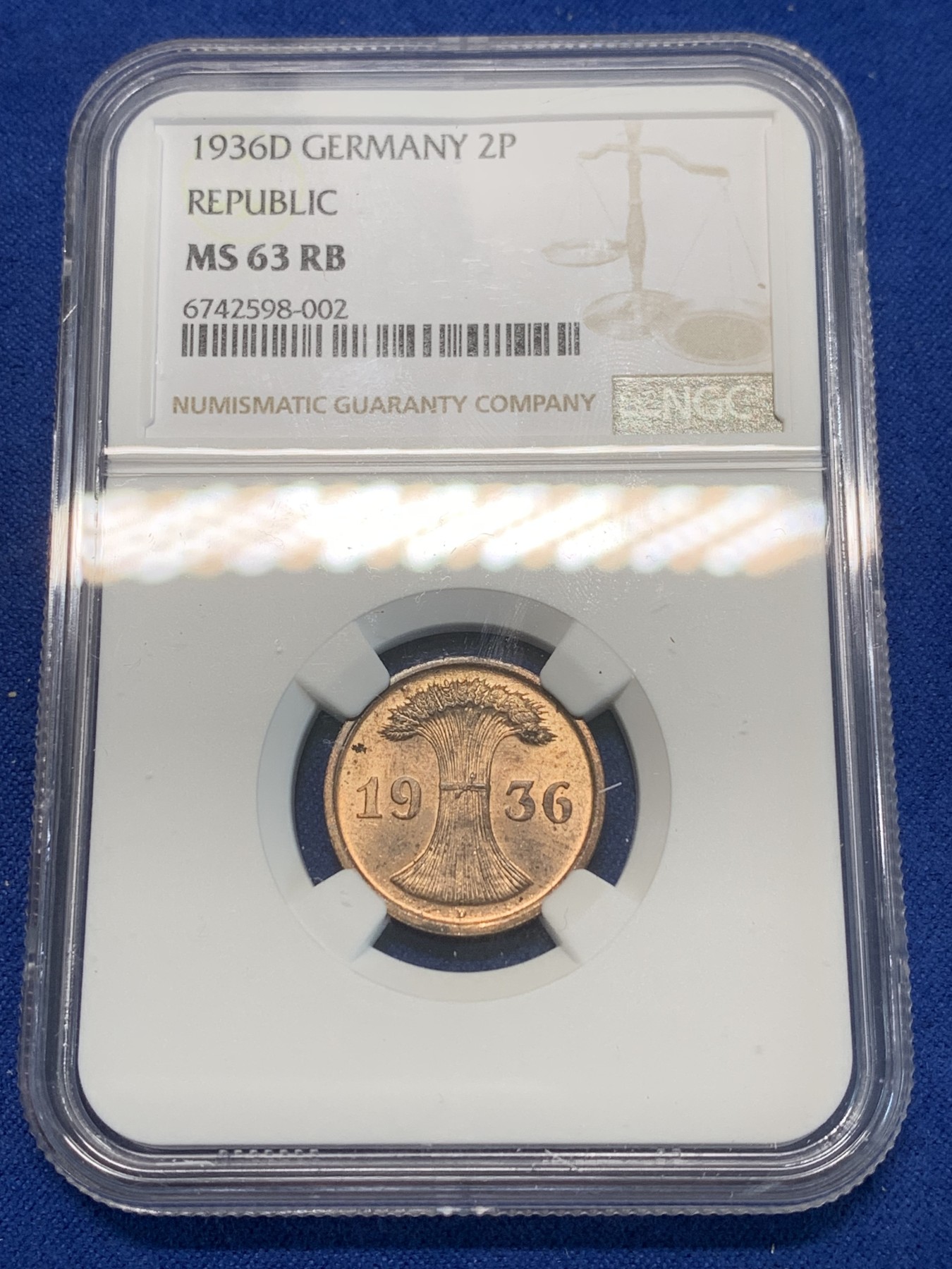 《竞宝斋》第243场-周日，周一 新年开场 (全场包邮) NGC MS63RB 德国1936D 2芬尼 铜光不错