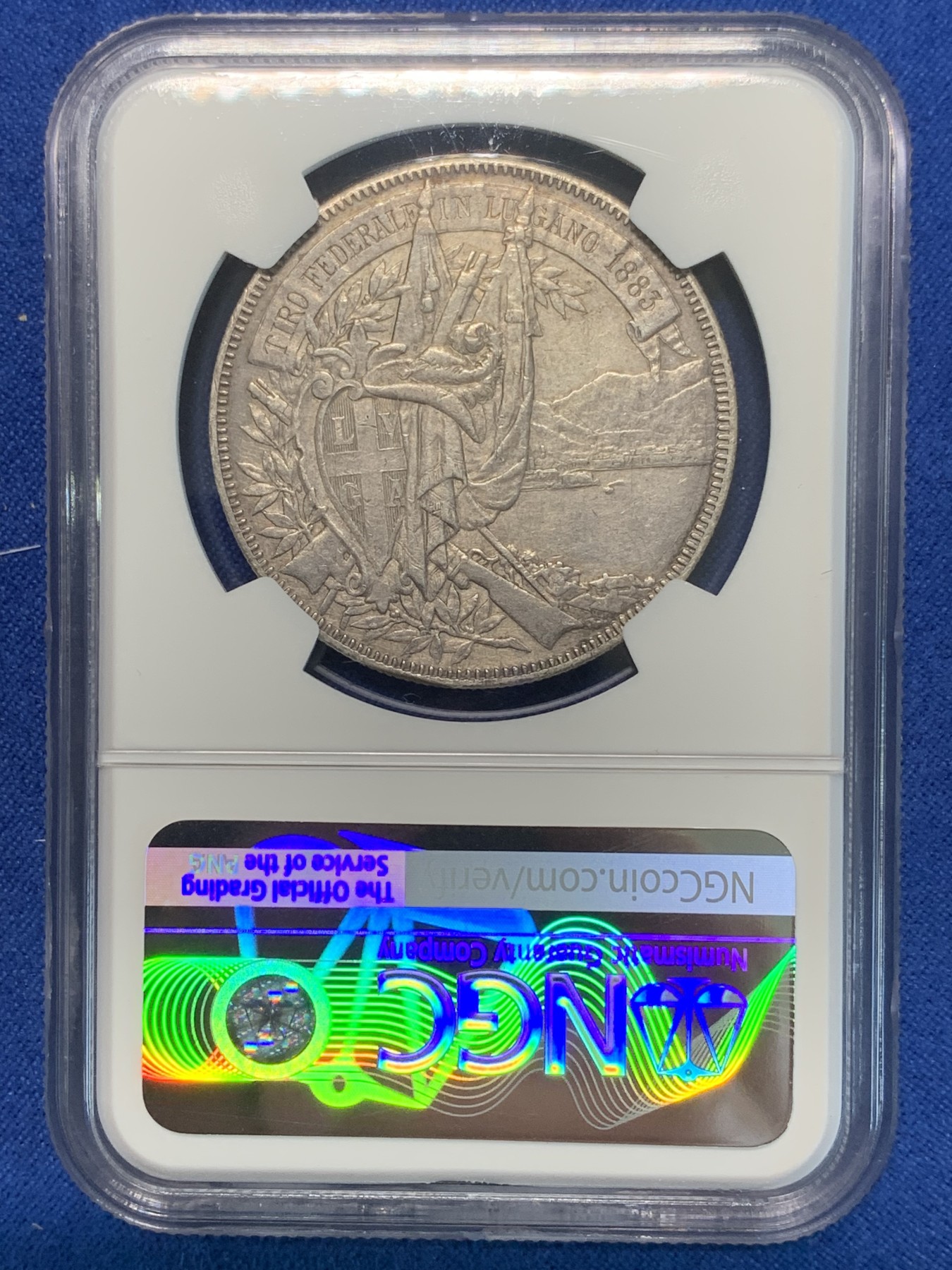 《竞宝斋》第243场-周日，周一 新年开场 (全场包邮) NGC XFD 瑞士1883年卢加诺射击节 狩猎5法郎银币